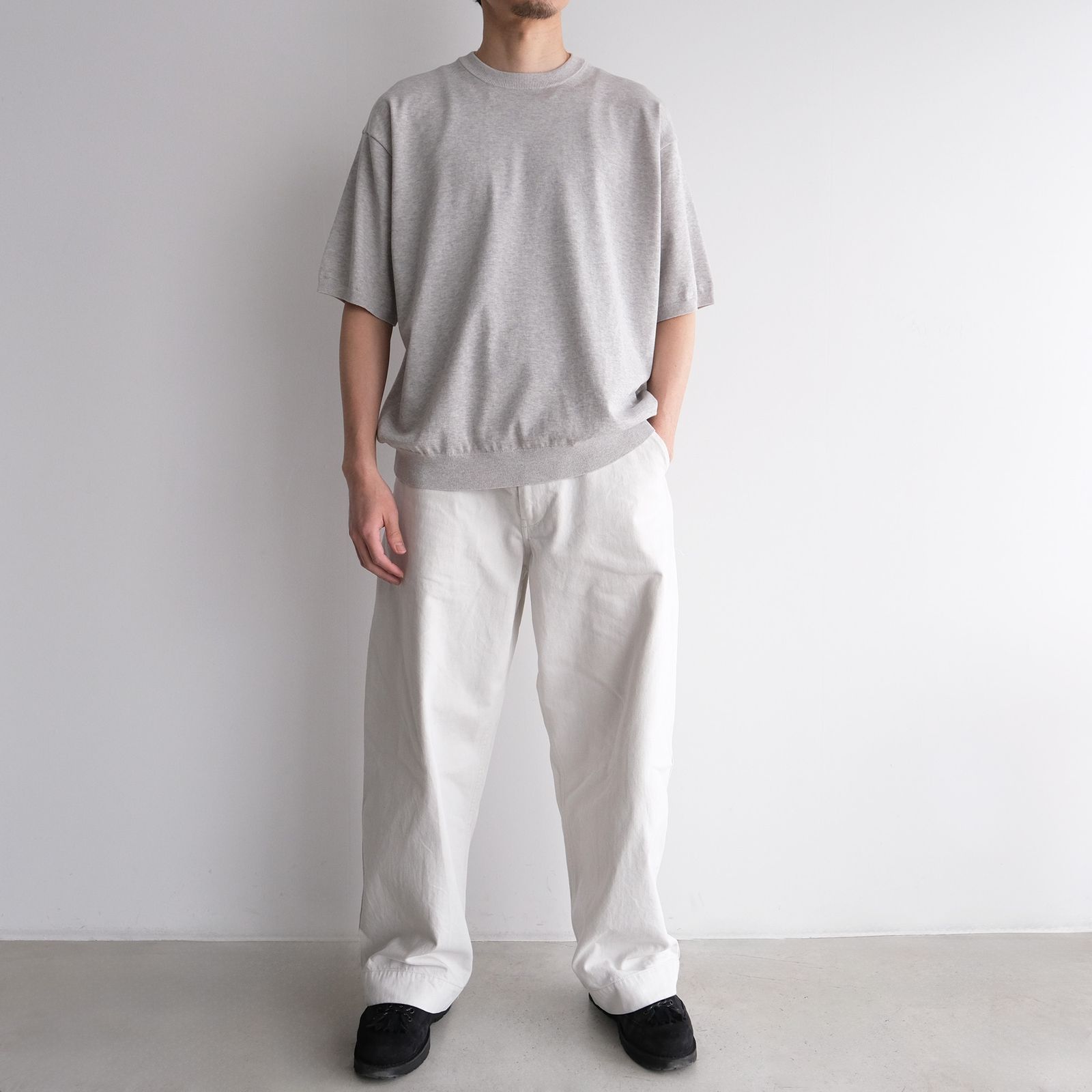 Cotton Washi Knit Half Sleeve Crew Neck Sweater -Tシャツ-（Gray / グレー）