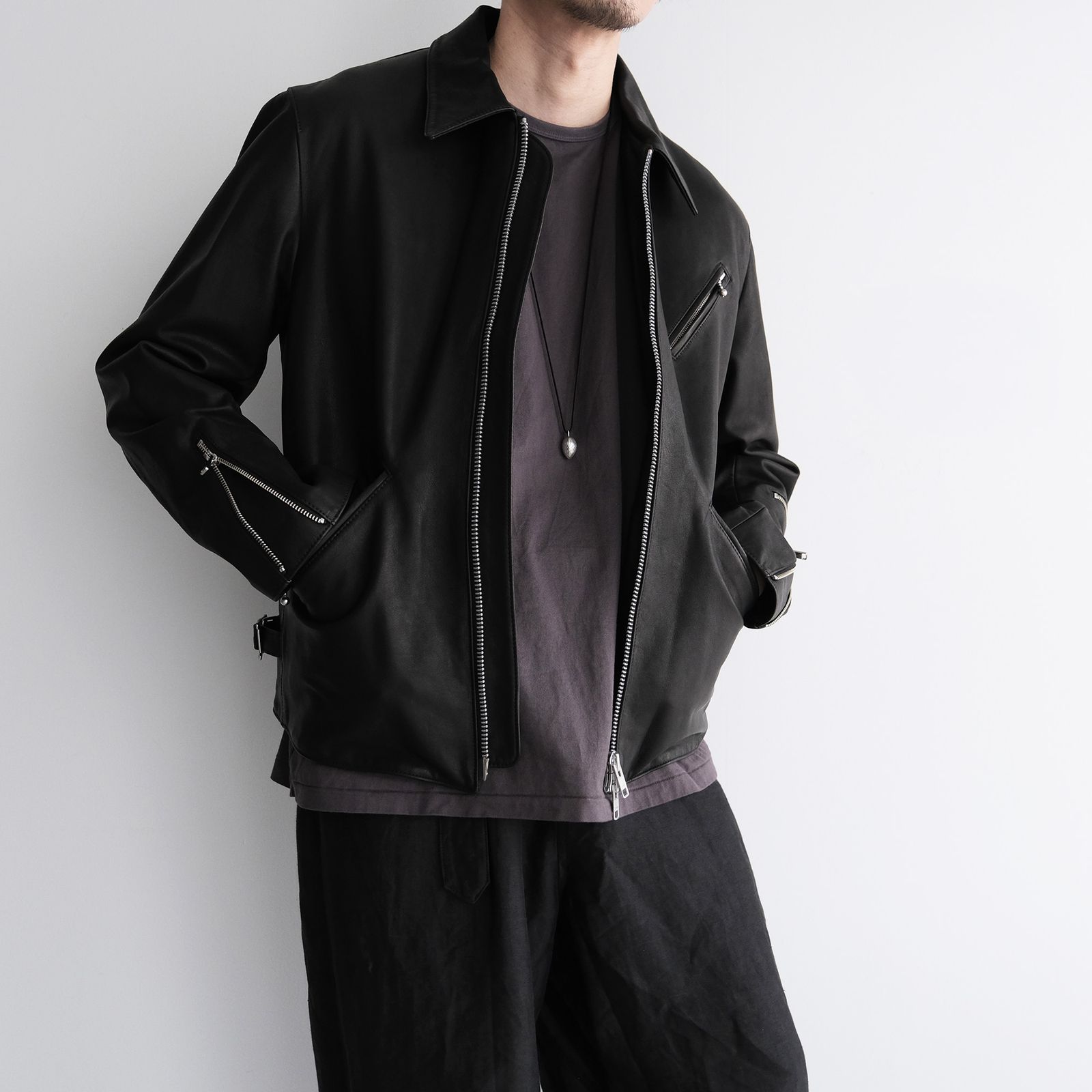 Front Zip Riders Jacket -ライダースジャケット-（Black / Lining Brown）