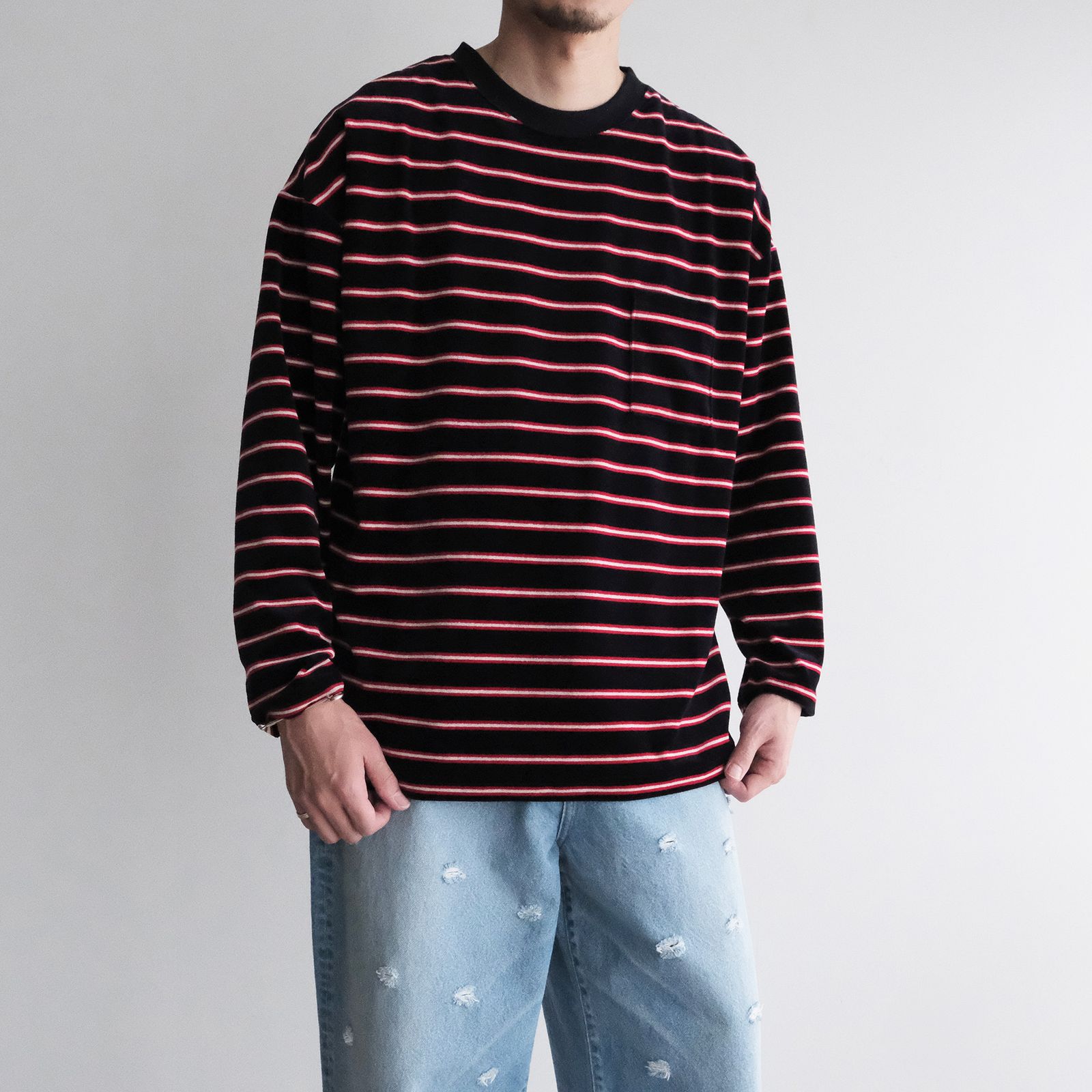 Velvet Border Long Sleeve Tee -Tシャツ-（Navy×Red / ネイビー×レッド）