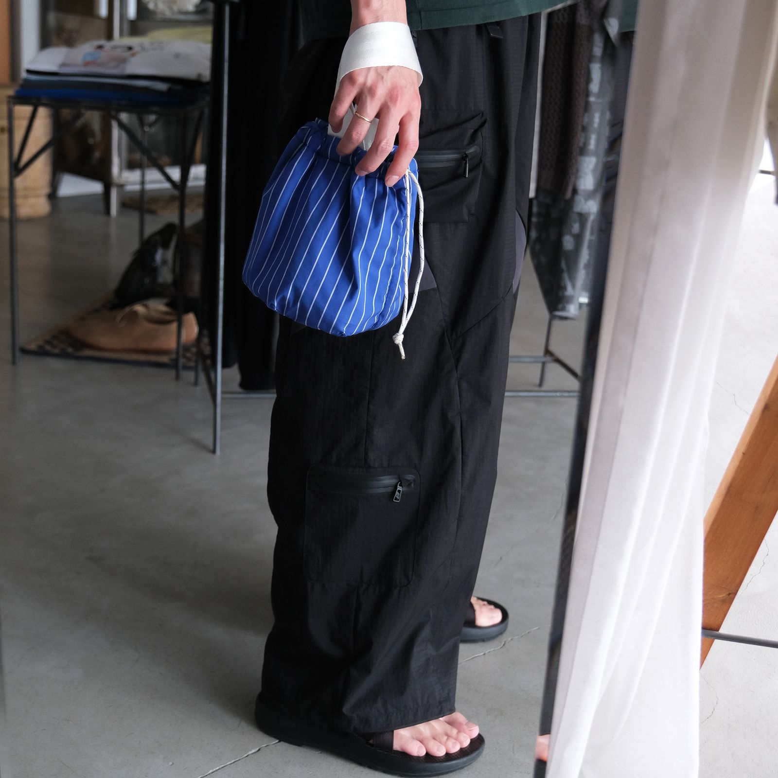 Shirt Fabric Drawstring Bag -バッグ-（Blue Pencil Stripe /ブルーペンシルストライプ）