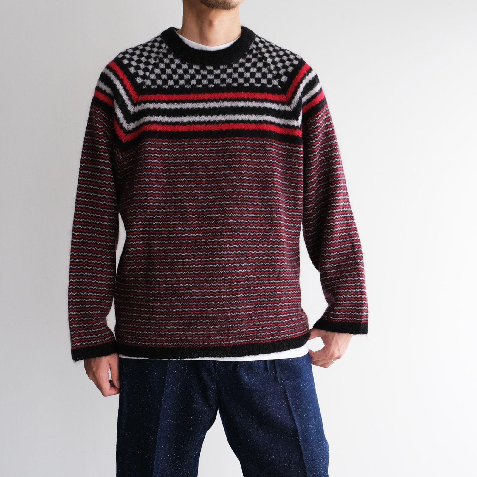 Checker & Stripe Sweater -ニット-（Red / レッド）