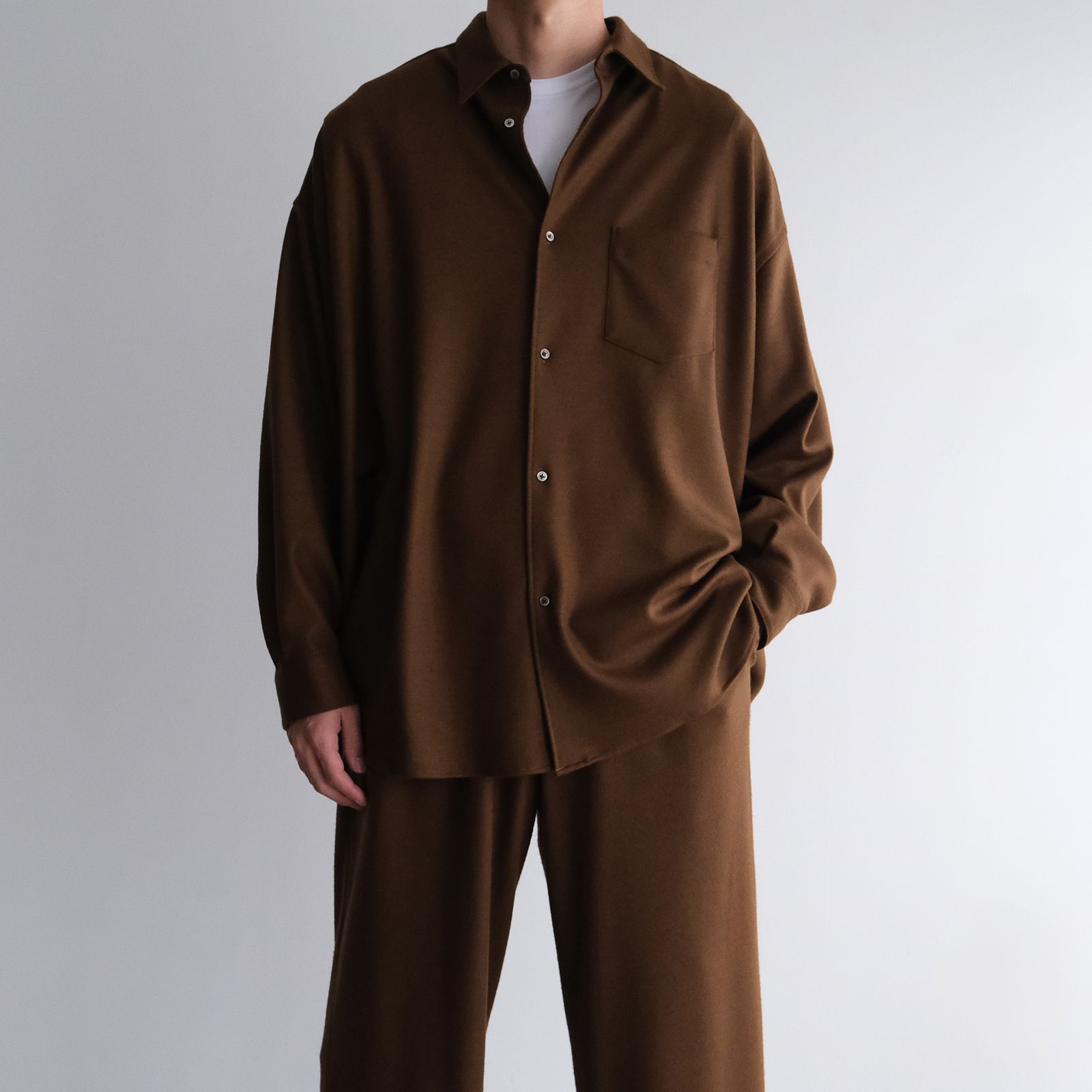 Wool Smooth Flannel Oversized Regular Collar Shirt -オーバーサイズシャツ-（Brown / ブラウン）GU253-50221B