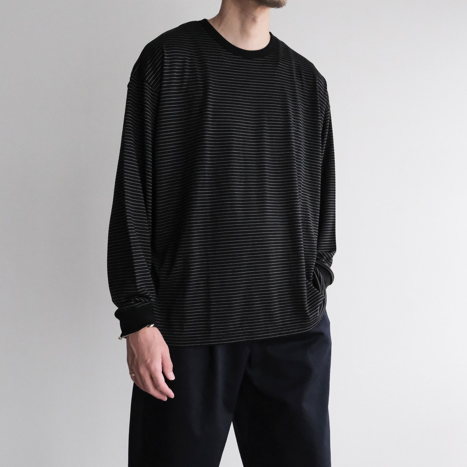 Fine Wool Border L/S Crew Neck Tee -Tシャツ-（Black×Gray / ブラック×グレー）GU263-70158B