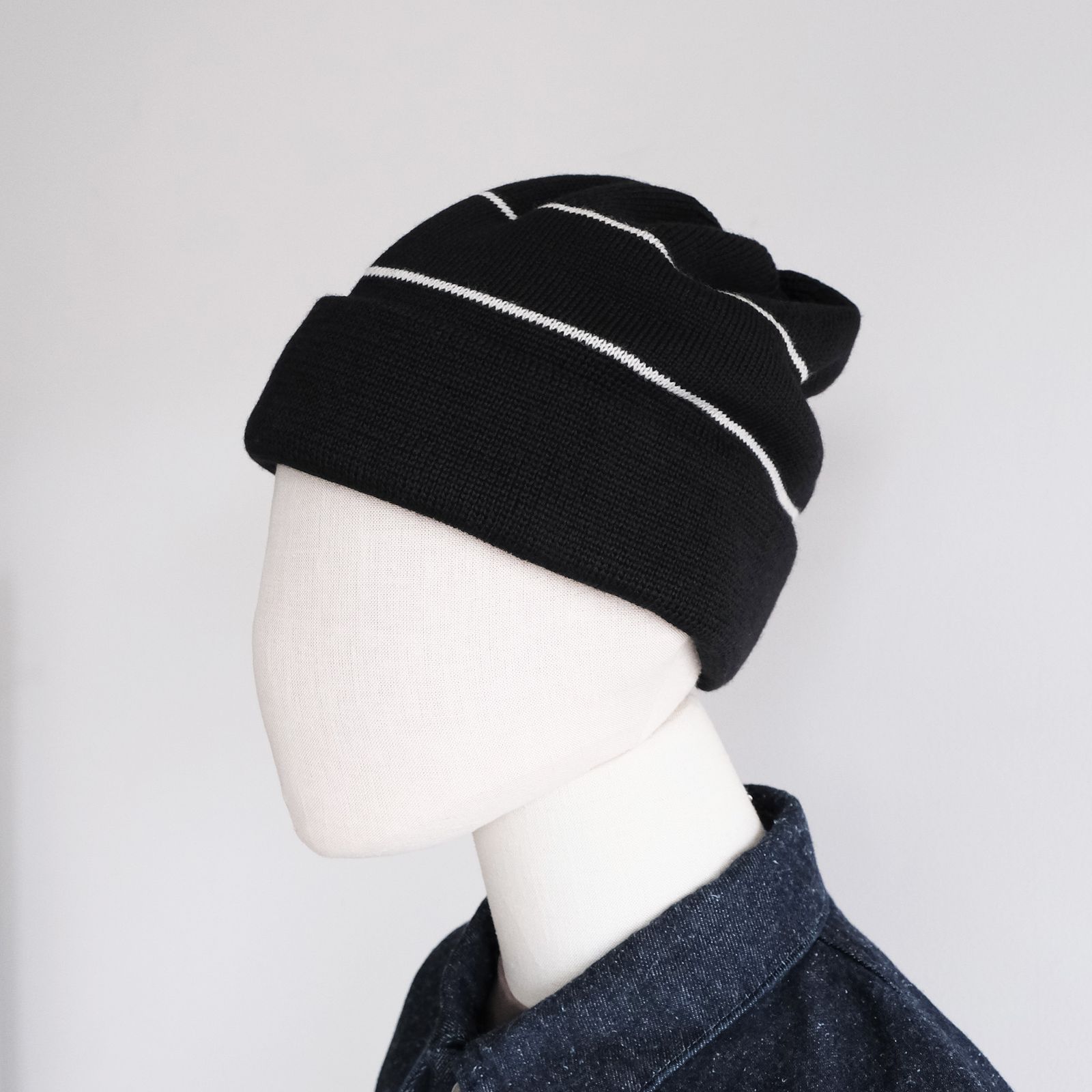 2 Line Merino Wool Knit -ニットキャップ-（Black×White / ブラック×ホワイト）