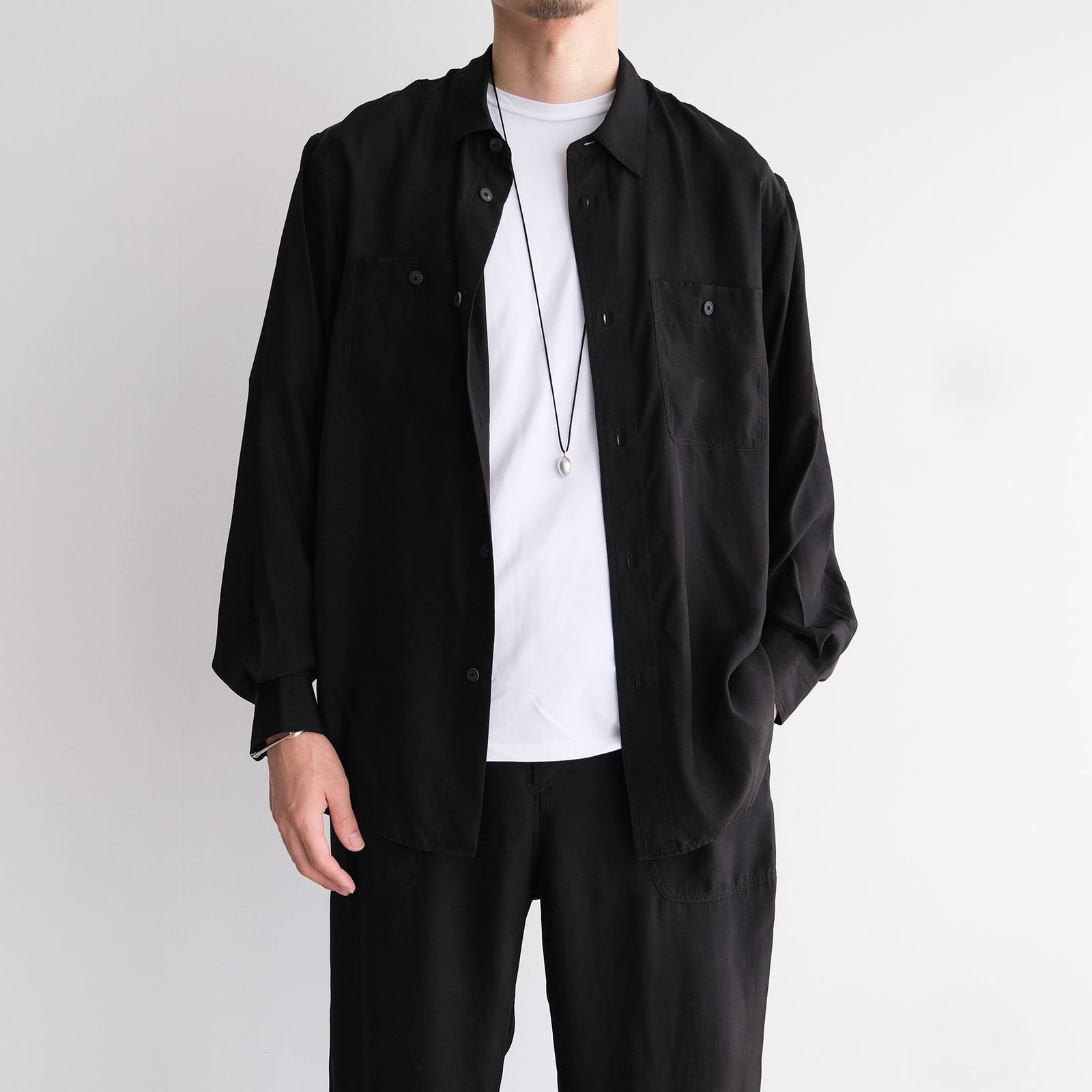 Fibril Silk Tafta Work Shirt -シャツ-（Black / ブラック）