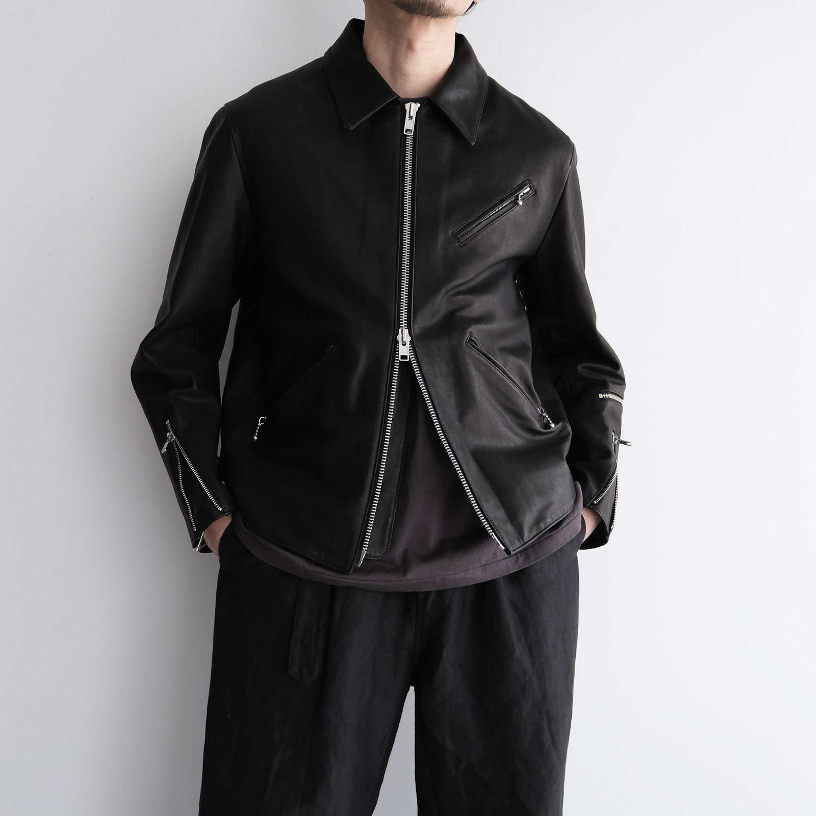 Front Zip Riders Jacket -ライダースジャケット-（Black / Lining Brown）