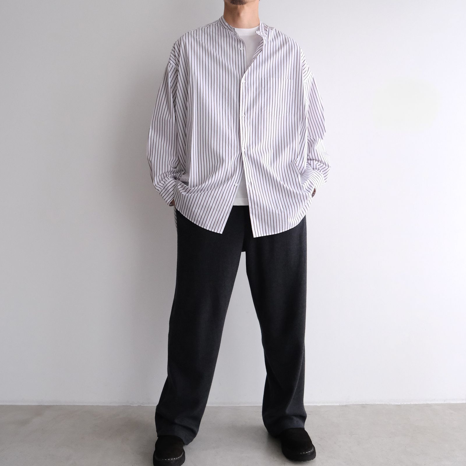 Graphpaper - Sidogras Stripe L/S Oversized Band Collar Shirt