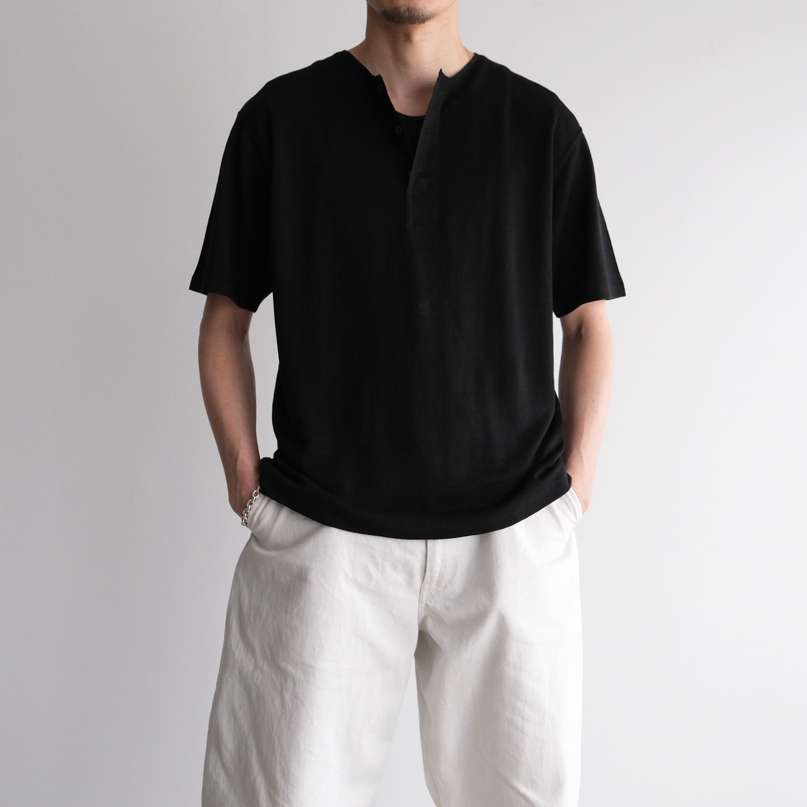 Linen 10oz Henry Neck Pullover -Tシャツ-（Black / ブラック）