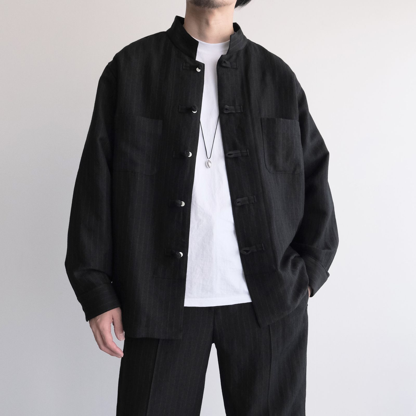 Pin-stripe Double Button Shirt -シャツ-（Black / ブラック）