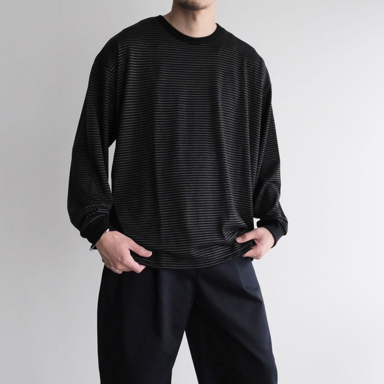 Fine Wool Border L/S Crew Neck Tee -Tシャツ-（Black×Gray / ブラック×グレー）GU263-70158B