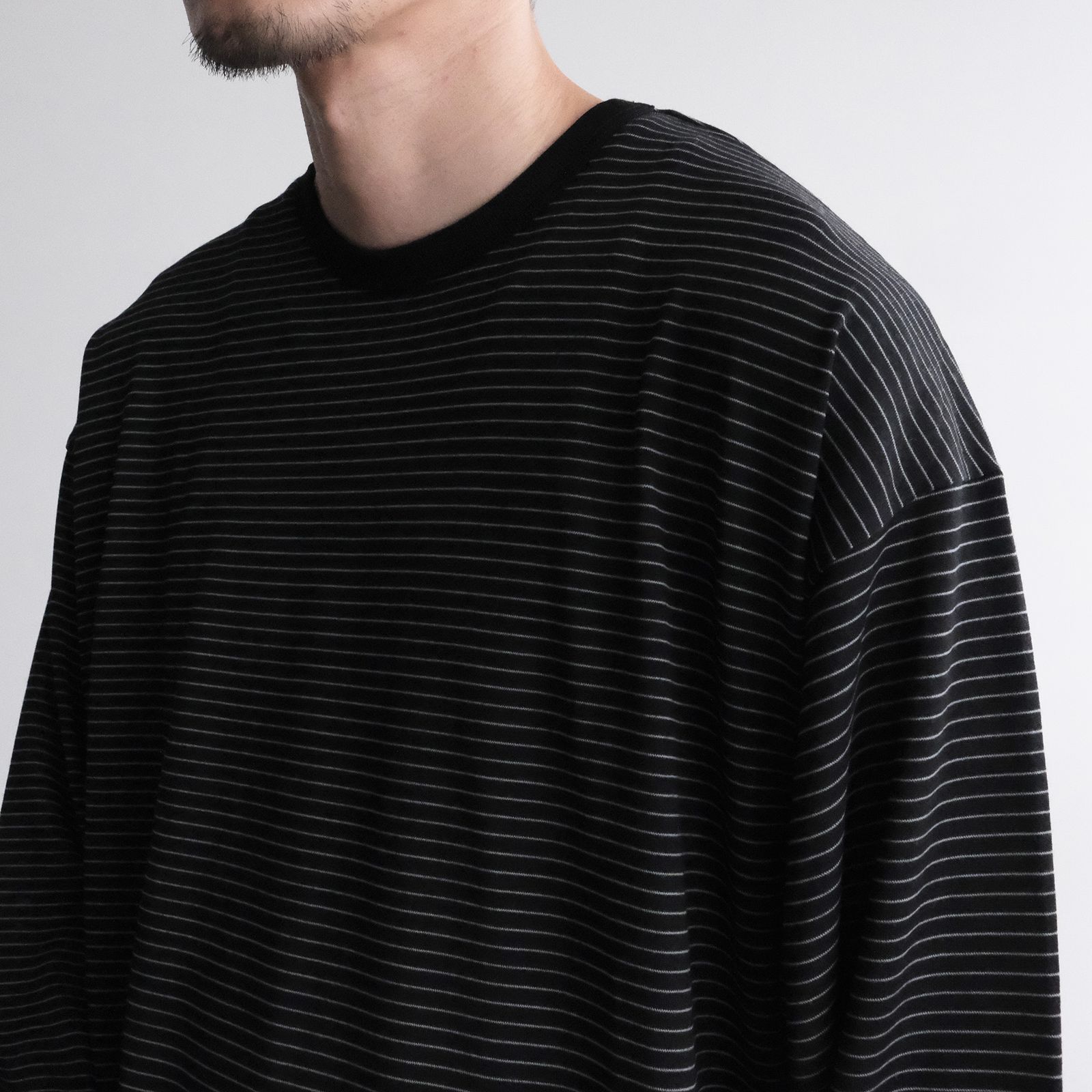 Fine Wool Border L/S Crew Neck Tee -Tシャツ-（Black×Gray / ブラック×グレー）GU263-70158B