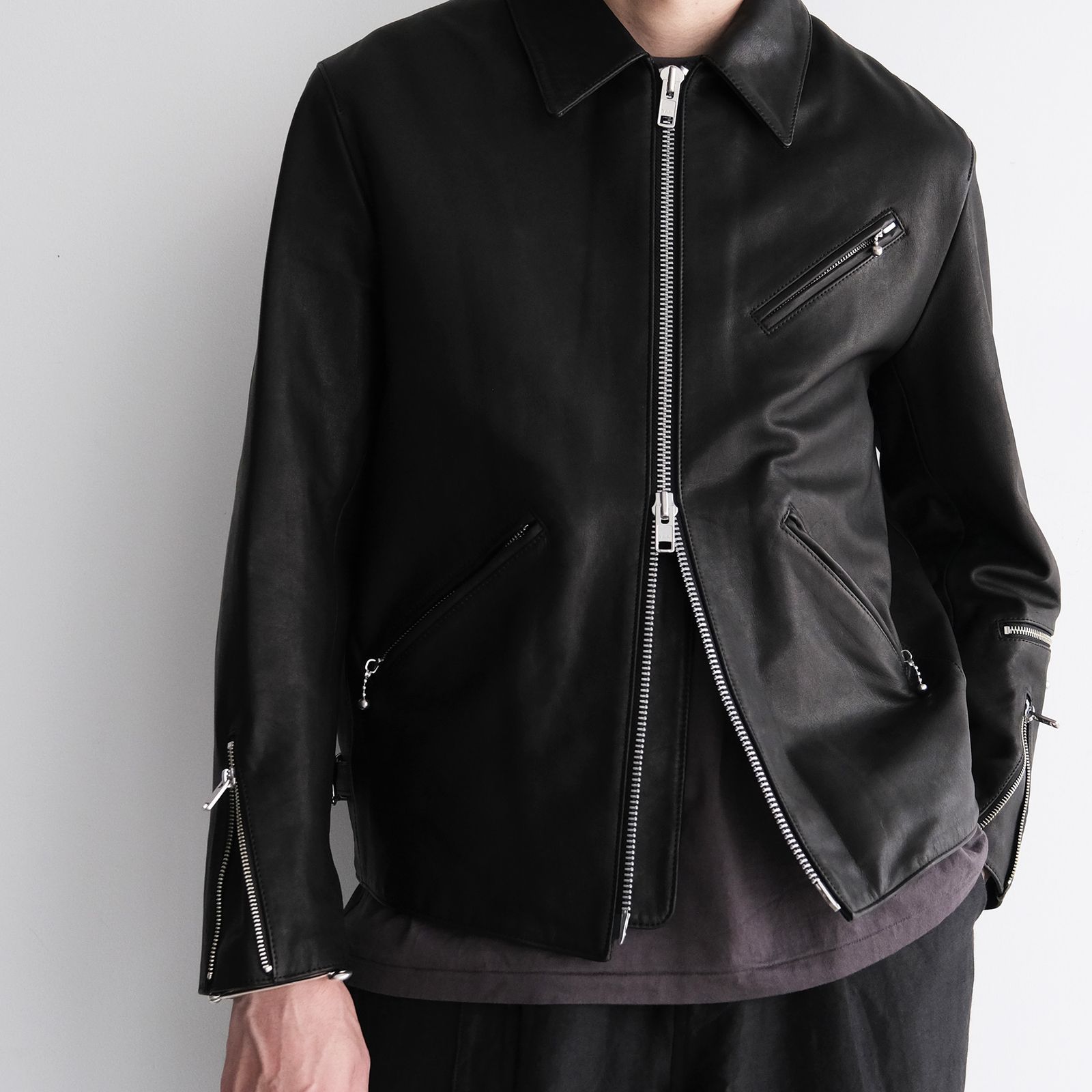 Front Zip Riders Jacket -ライダースジャケット-（Black / Lining Brown）