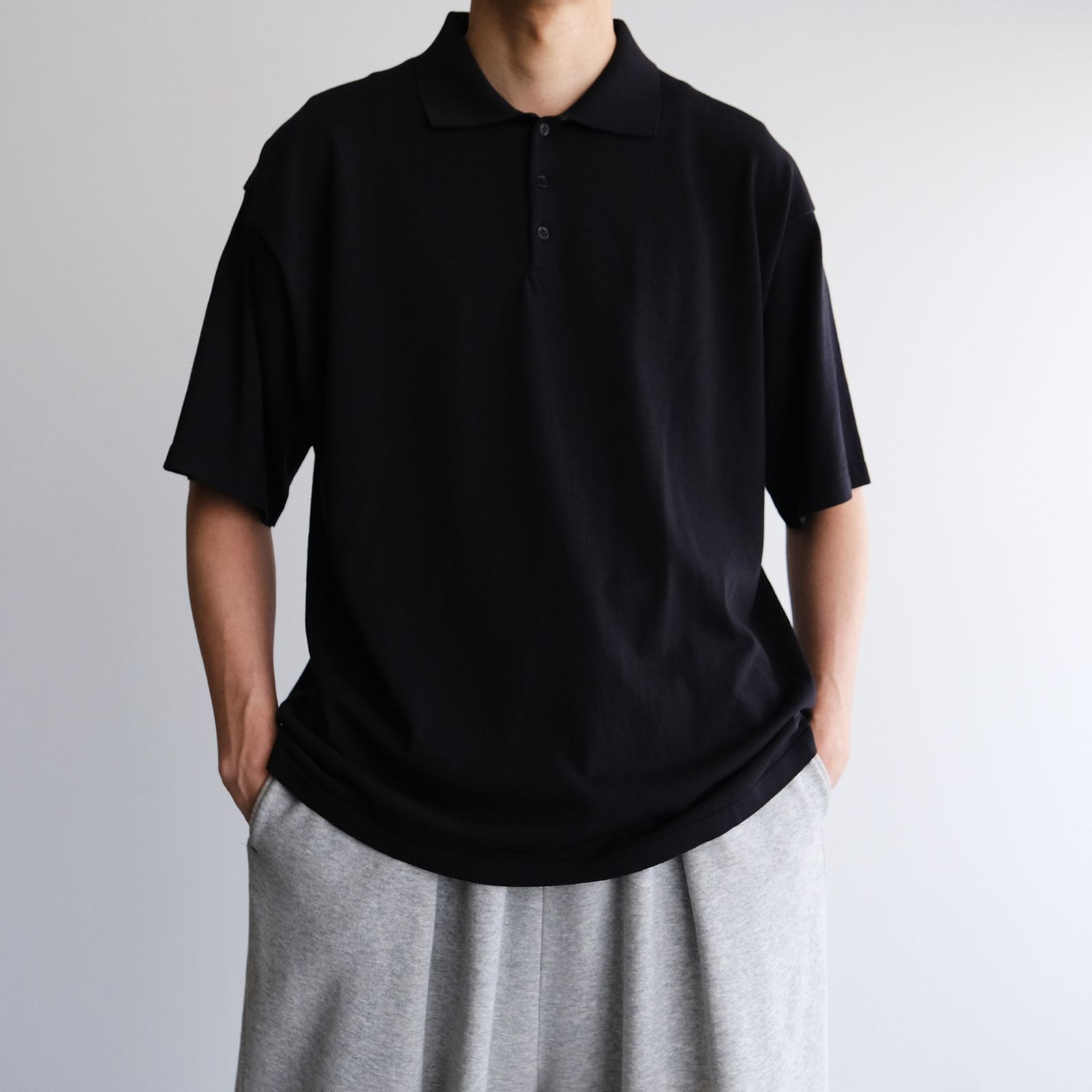 ATON - Fresca Knit Crew Polo Knit -ポロシャツ-（Black / ブラック 
