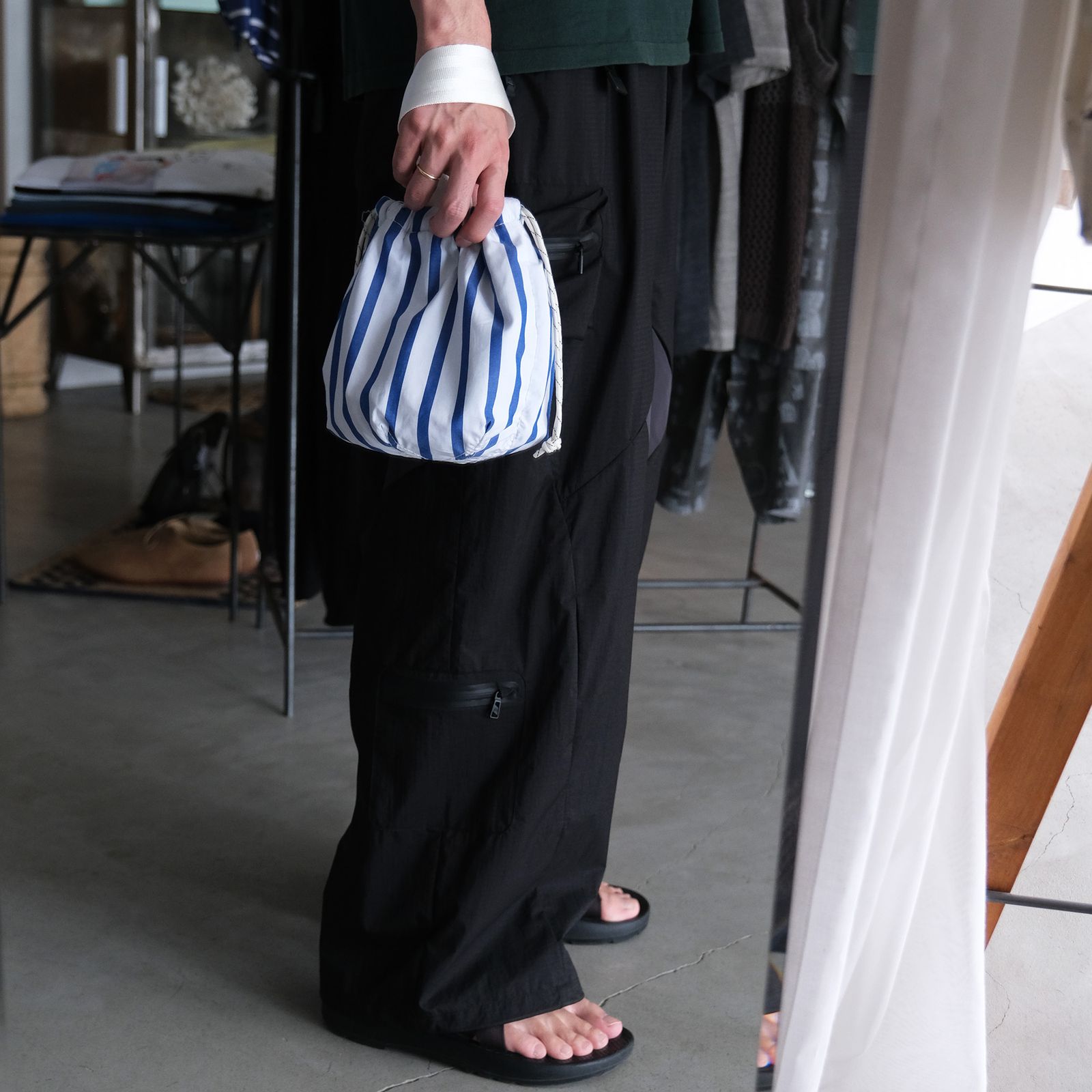 Shirt Fabric Drawstring Bag -バッグ-（White Stripe /ホワイトストライプ）