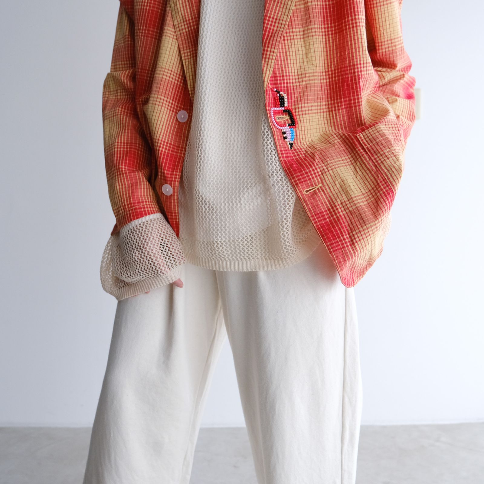 Ombre Plaid Jacket With Beading -ジャケット-（Red×Off / レッド×オフ）