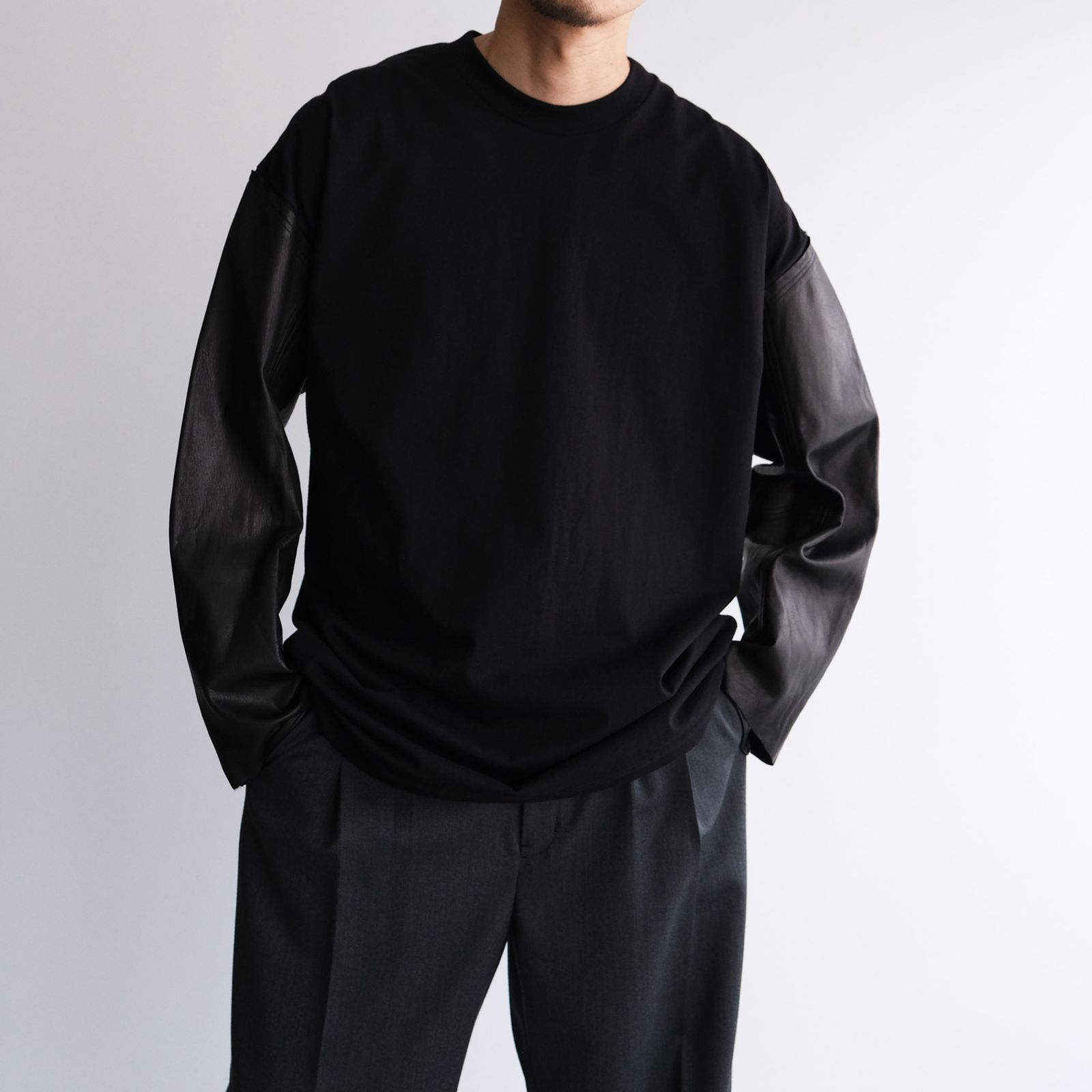 Washable Leather Sleeve：L/S T-Shirts -Tシャツ（Black / ブラック）