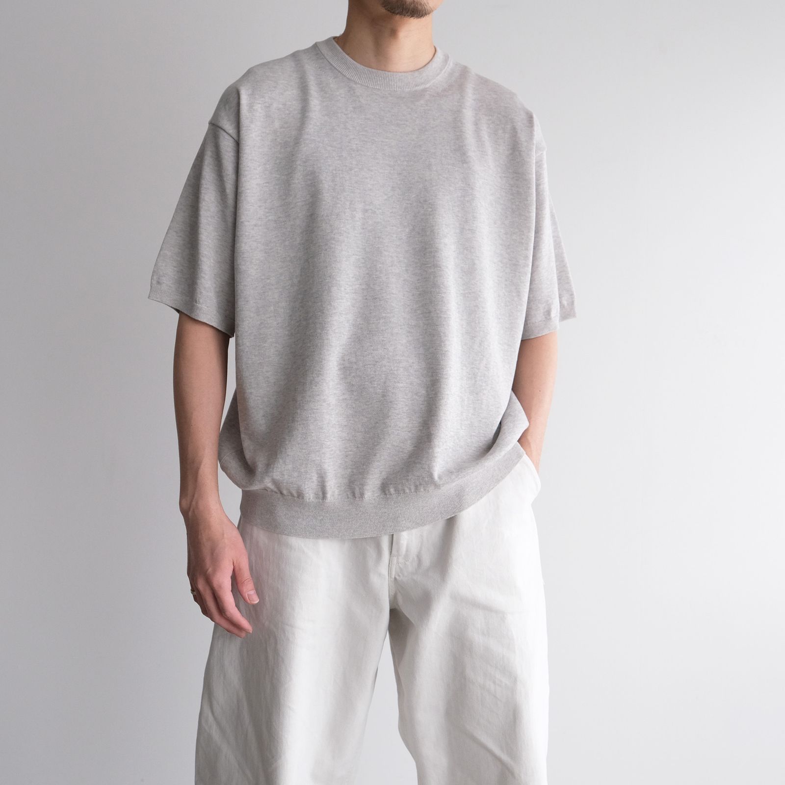 Cotton Washi Knit Half Sleeve Crew Neck Sweater -Tシャツ-（Gray / グレー）