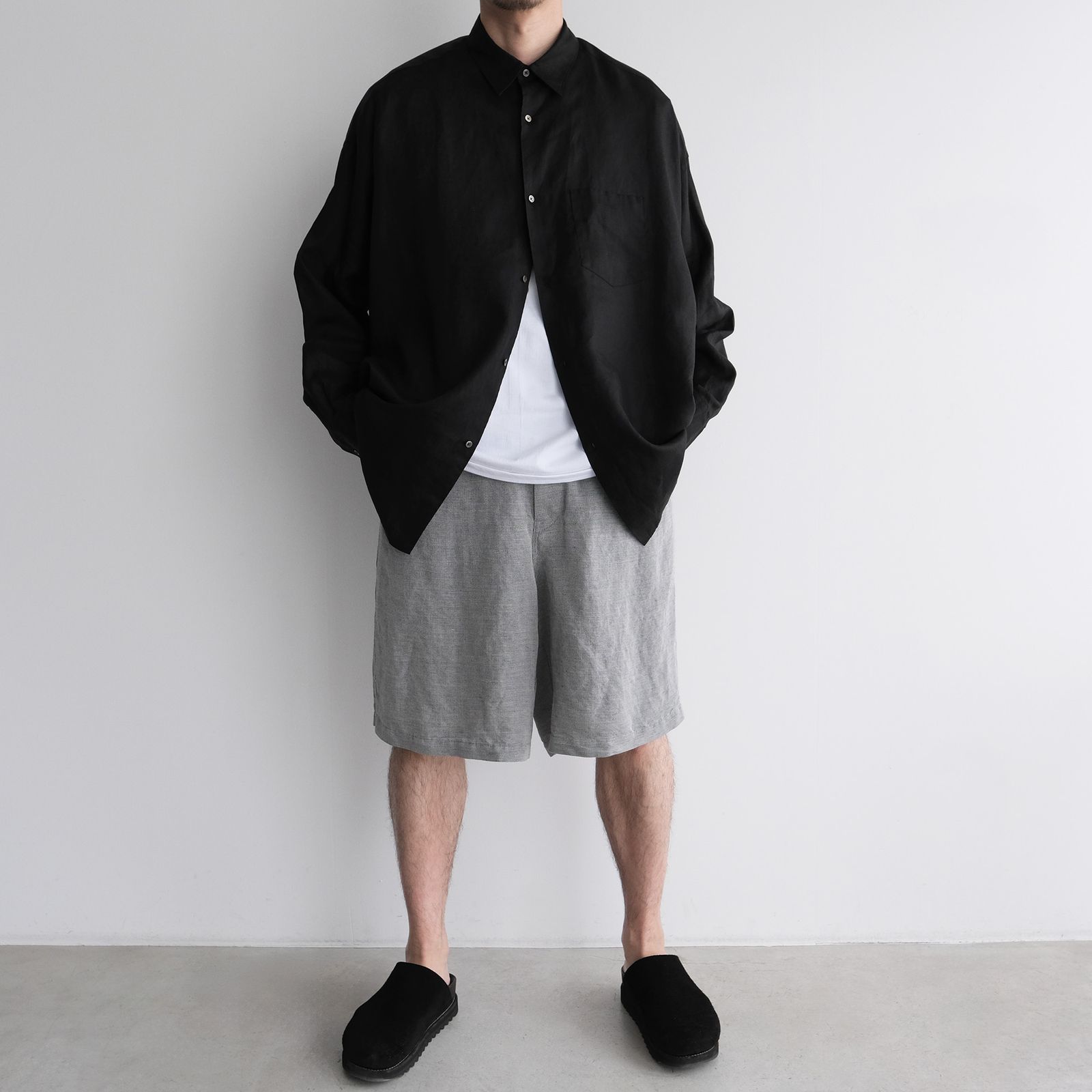 Linen L/S Oversized Regular Collar Shirt -シャツ-（Black / ブラック）GM262-50039B