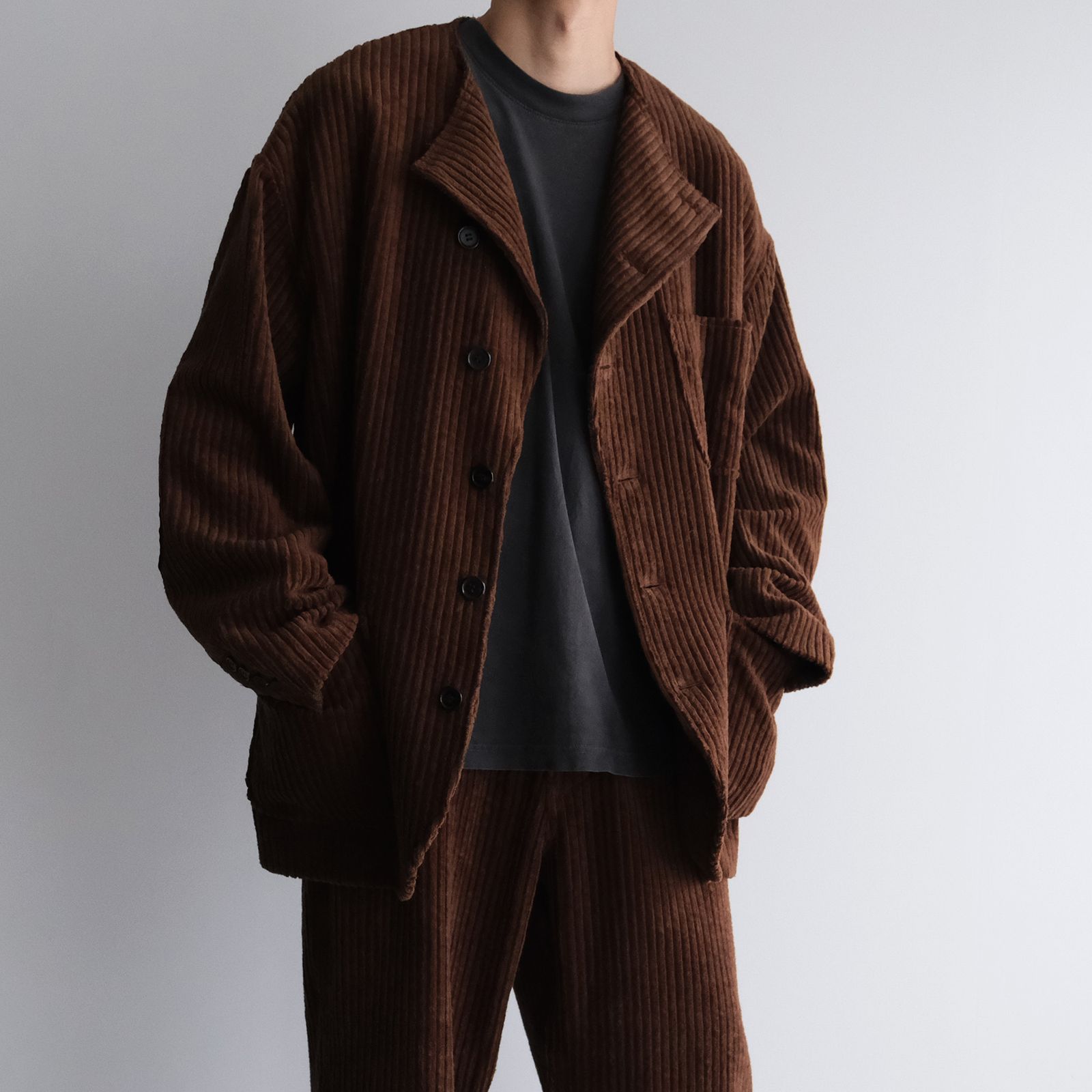 Corduroy Collarless Jacket -ジャケット-（Brown / ブラウン）