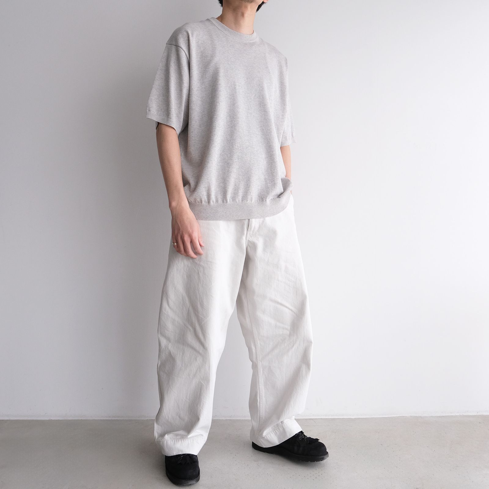 Cotton Washi Knit Half Sleeve Crew Neck Sweater -Tシャツ-（Gray / グレー）
