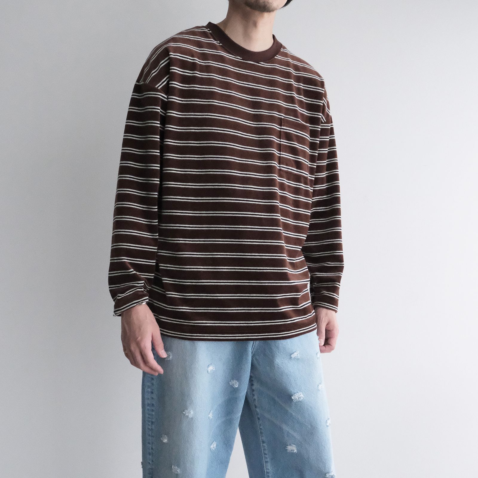 Velvet Border Long Sleeve Tee -Tシャツ-（Brown×Navy / ブラウン×ネイビー）