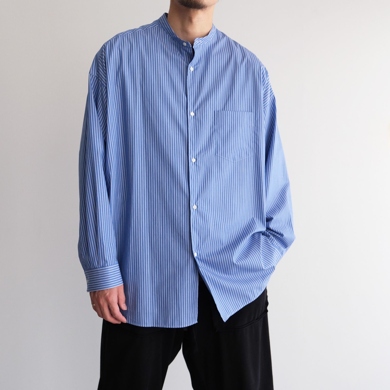 Sidogras L/S Oversized Band Collar Shirt -シャツ-（Blue Stripe / ブルーストライプ）