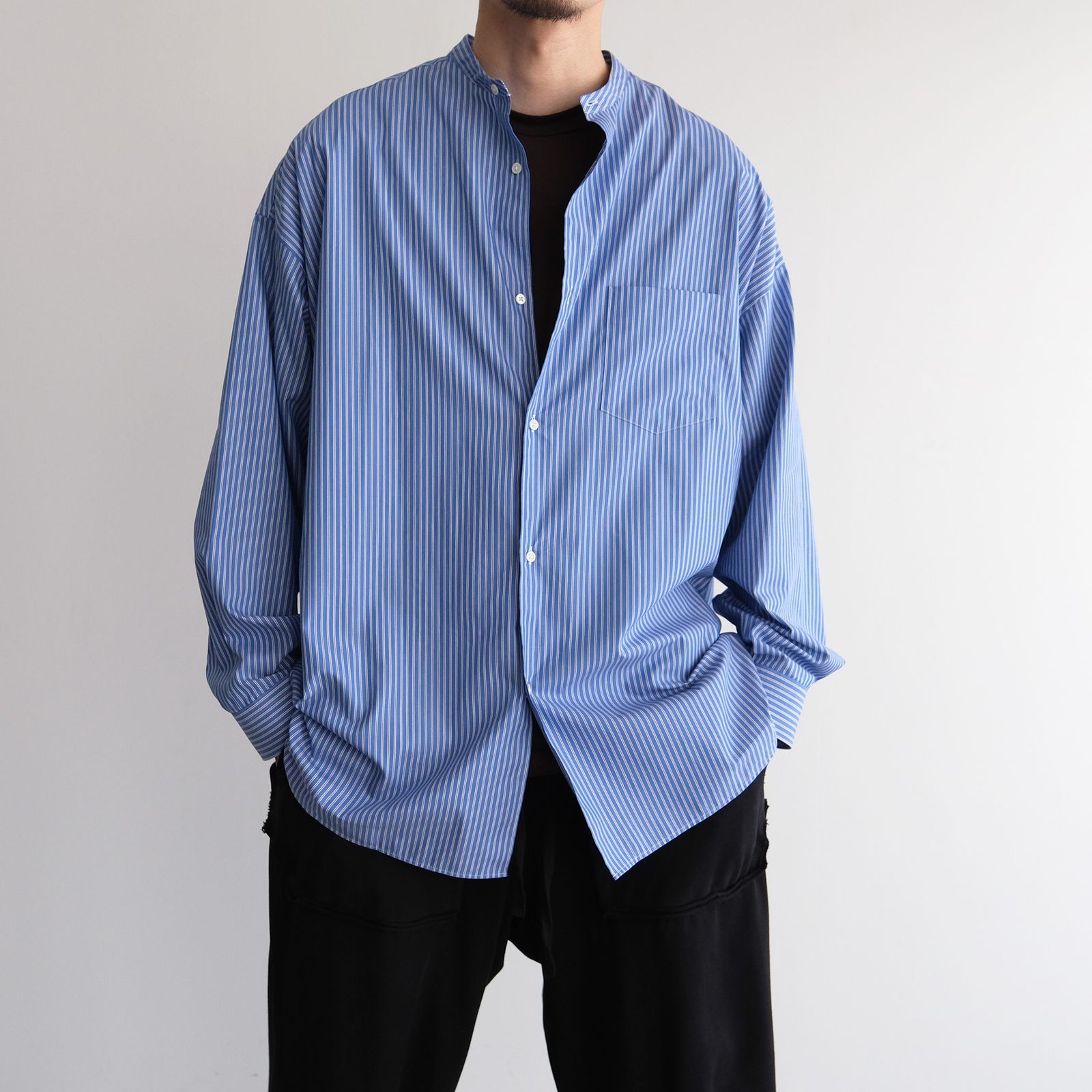 Sidogras L/S Oversized Band Collar Shirt -シャツ-（Blue Stripe / ブルーストライプ）