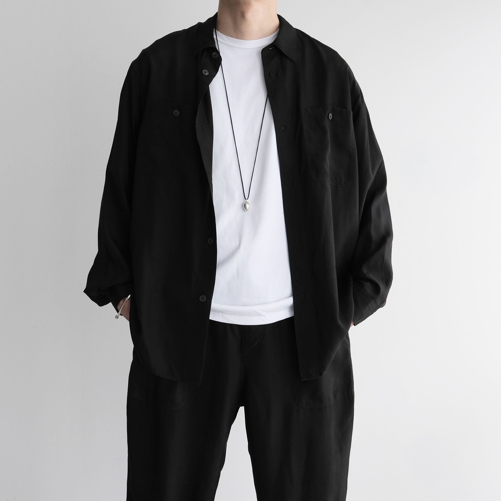 Fibril Silk Tafta Work Shirt -シャツ-（Black / ブラック）