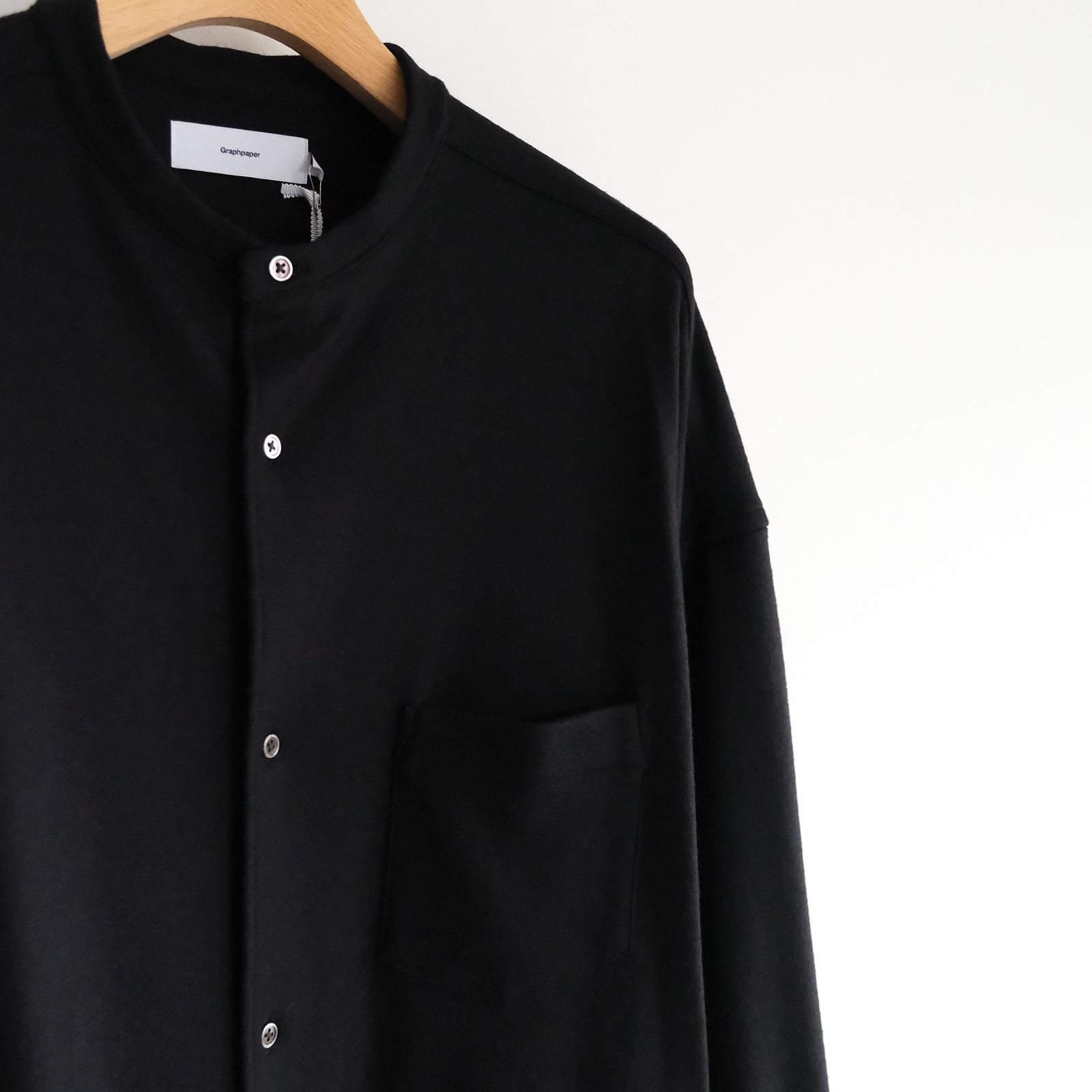 Wool Smooth Flannel Oversized Band Collar Shirt -シャツ-（Black / ブラック）