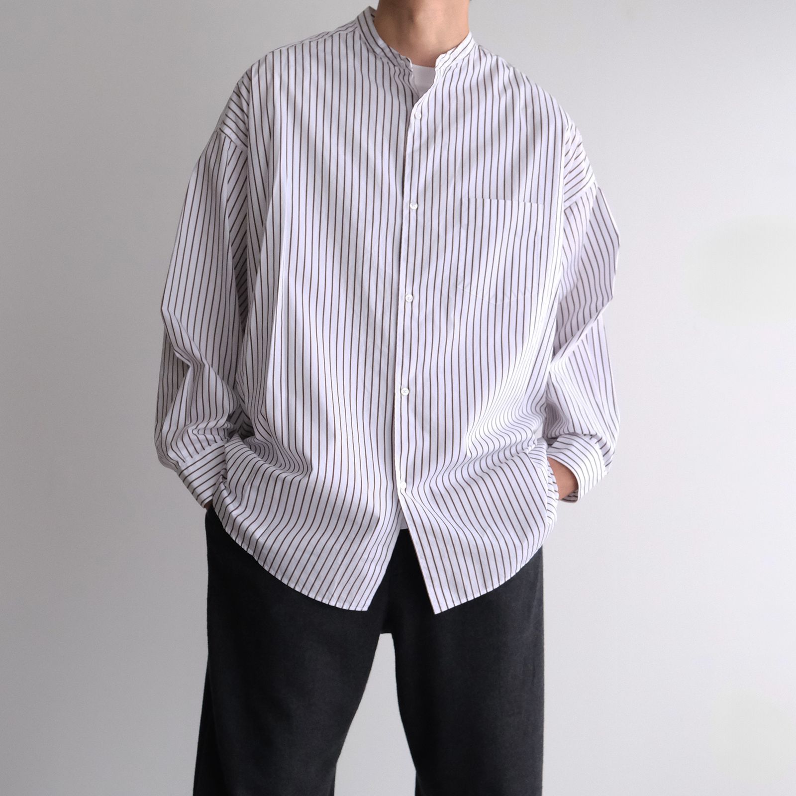 Graphpaper - Sidogras Stripe L/S Oversized Band Collar Shirt