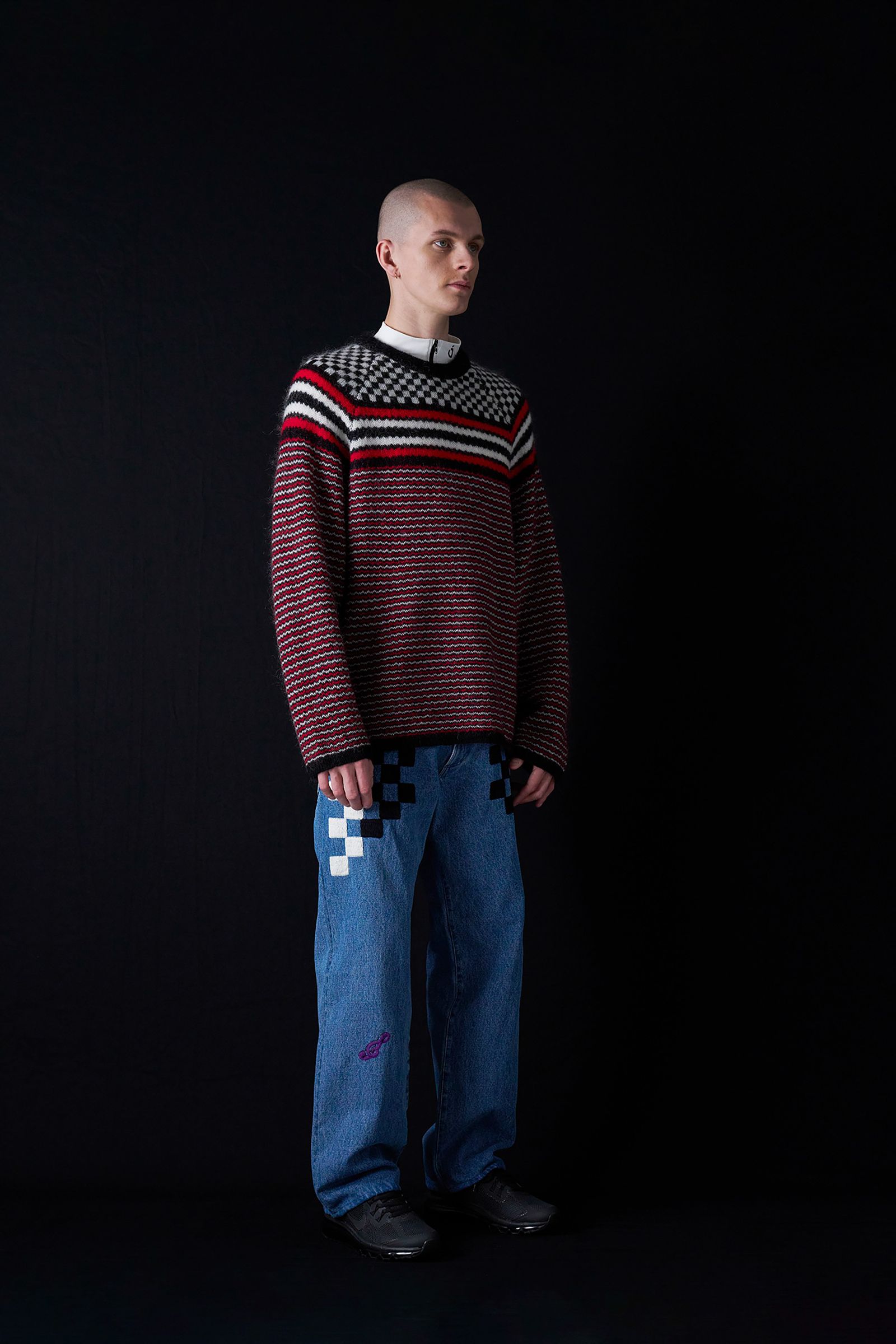 Checker & Stripe Sweater -ニット-（Red / レッド）