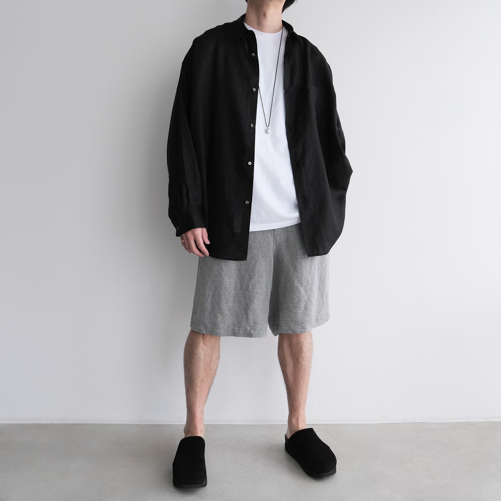 Linen L/S Oversized Regular Collar Shirt -シャツ-（Black / ブラック）GM262-50039B