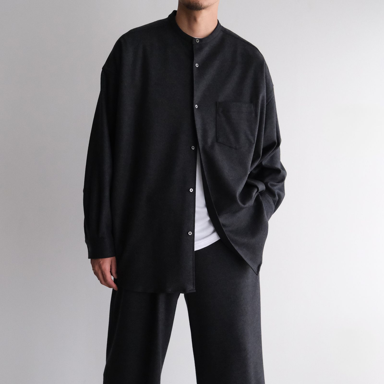 Wool Smooth Flannel Oversized Band Collar Shirt -オーバーサイズシャツ-（Gray / グレー）GU253-50222B