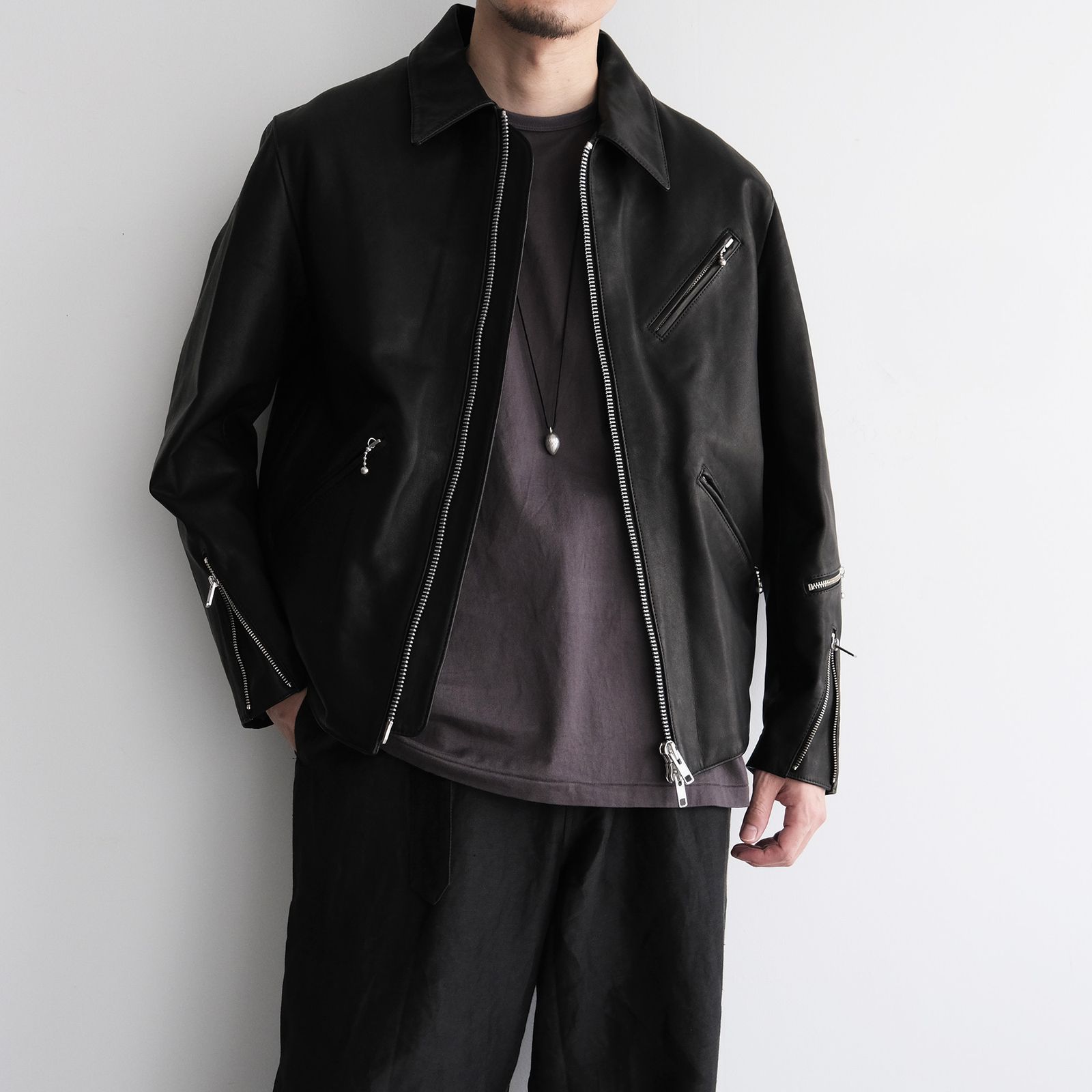 Front Zip Riders Jacket -ライダースジャケット-（Black / Lining Brown）