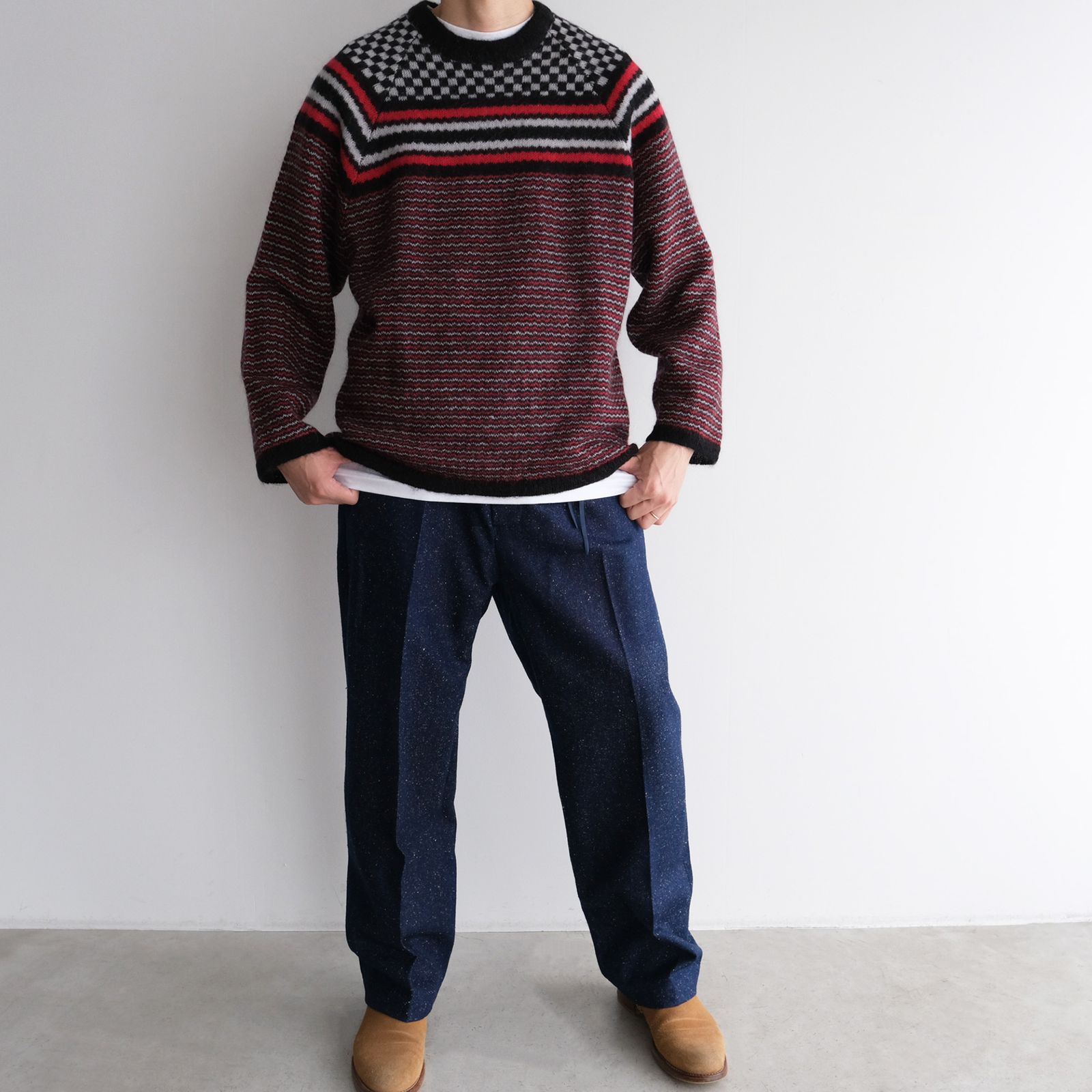 Checker & Stripe Sweater -ニット-（Red / レッド）