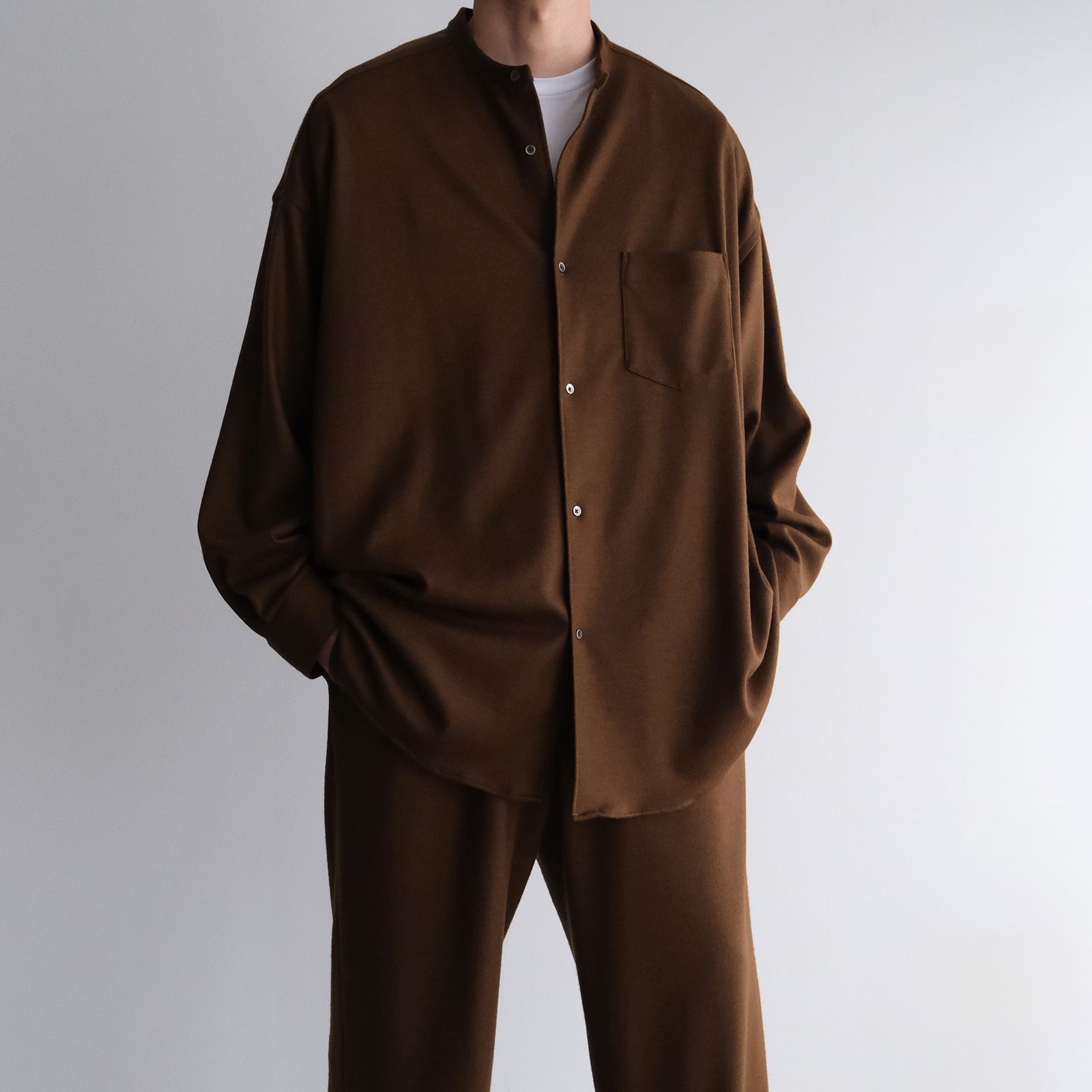 Wool Smooth Flannel Oversized Band Collar Shirt -オーバーサイズシャツ-（Brown / ブラウン）GU253-50222B