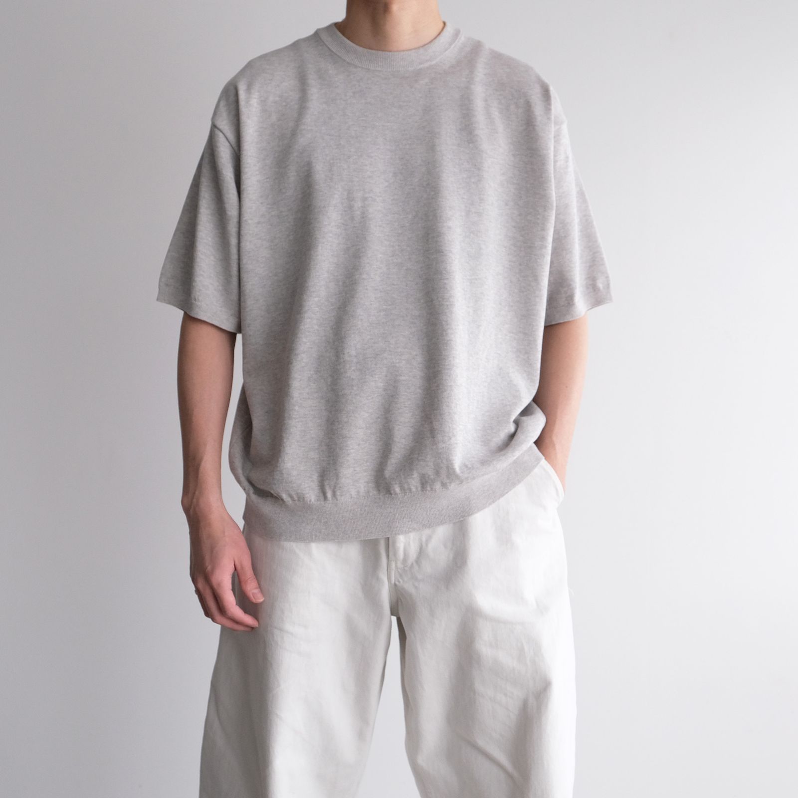 Cotton Washi Knit Half Sleeve Crew Neck Sweater -Tシャツ-（Gray / グレー）