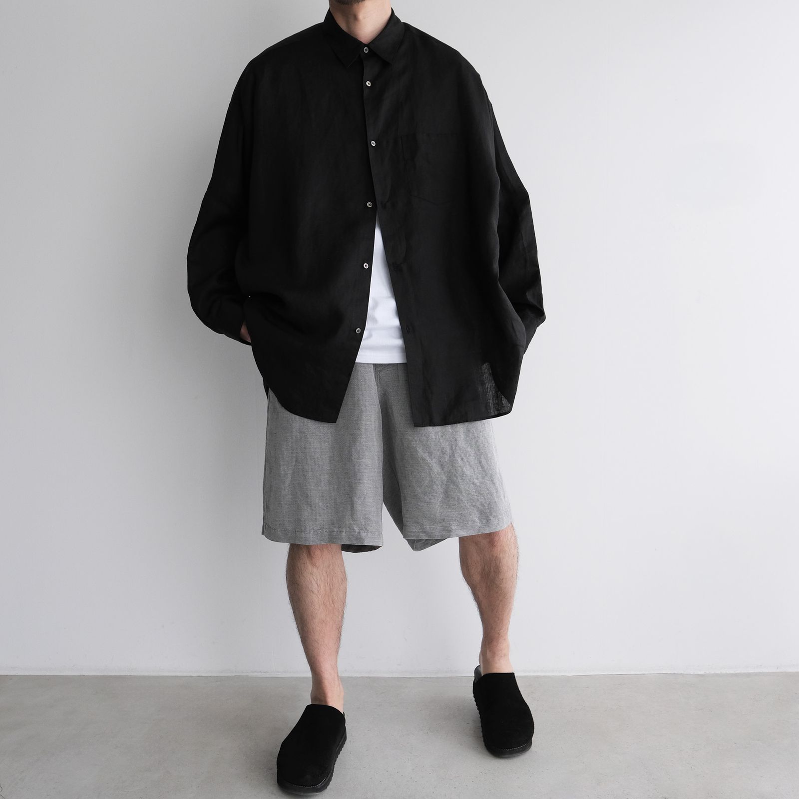 Linen L/S Oversized Regular Collar Shirt -シャツ-（Black / ブラック）GM262-50039B
