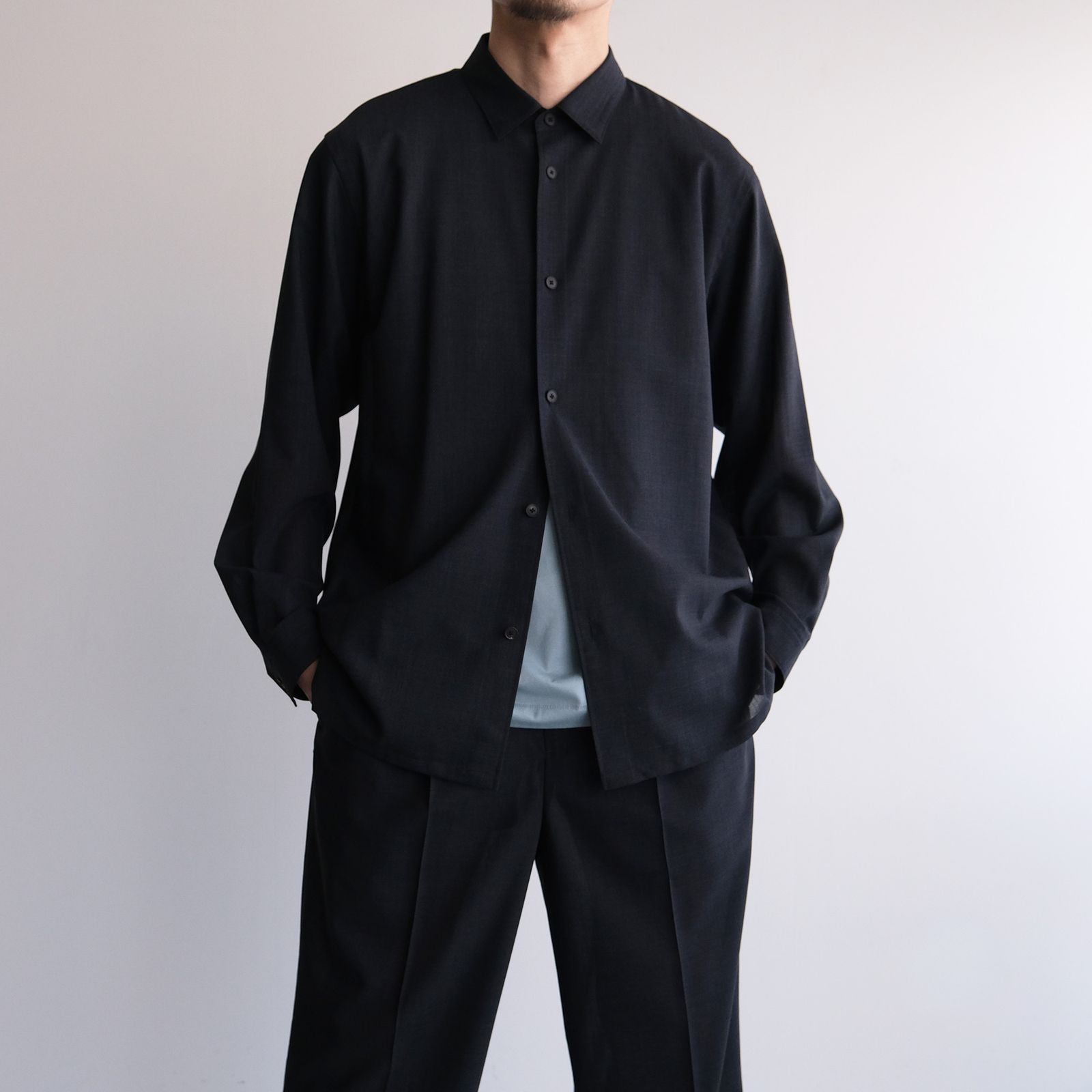 Twist Wool Gauze Loose Fit Shirt -シャツ-（Navy Top / ネイビートップ）
