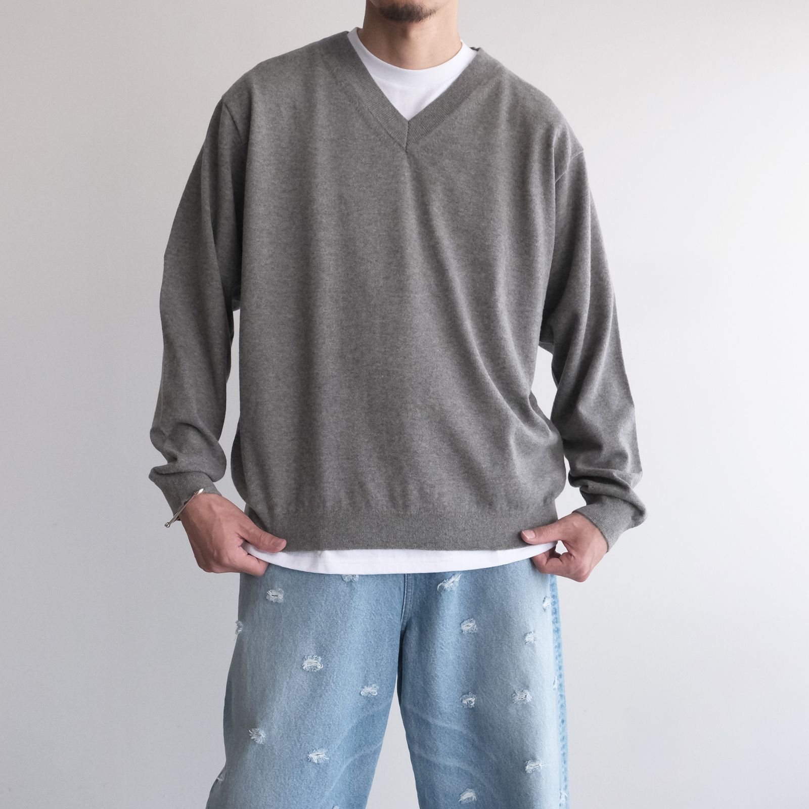 Cotton Yak Knit V-Neck Sweater -セーター-（Gray / グレー）