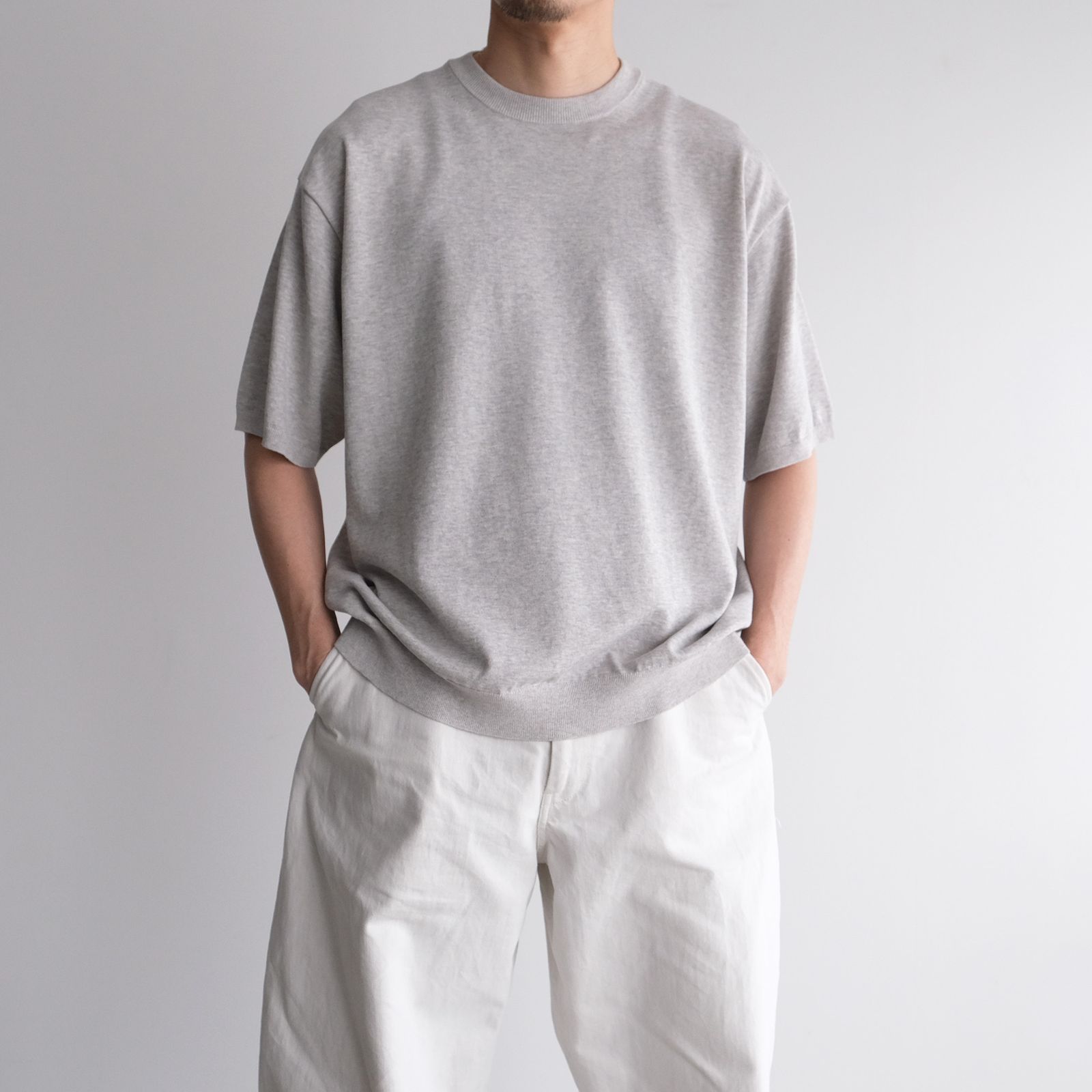 Cotton Washi Knit Half Sleeve Crew Neck Sweater -Tシャツ-（Gray / グレー）