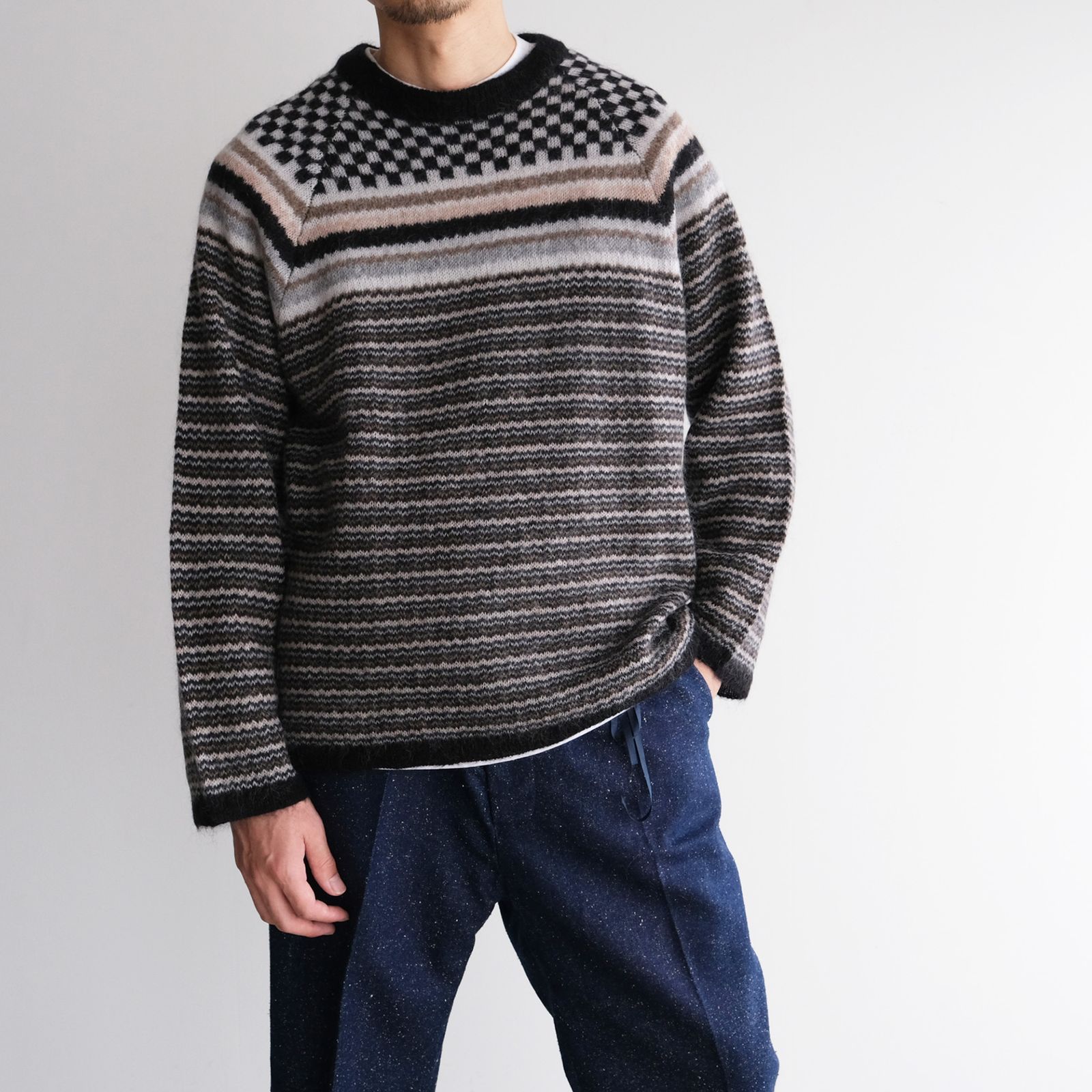 Checker & Stripe Sweater -ニット-（Black / ブラック）