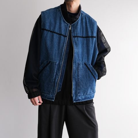 Trim Embroidery Denim Vest -ベスト-（Indigo×Black / インディゴ×ホワイト）