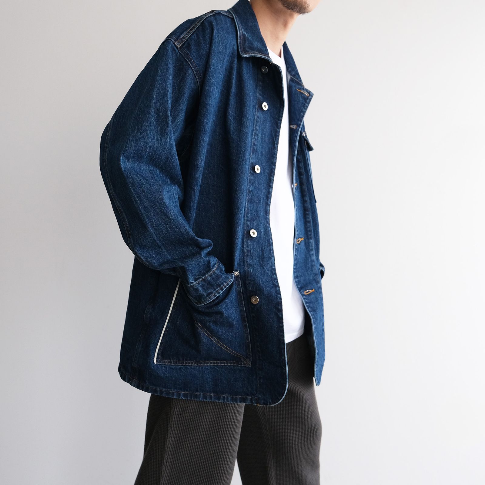 NAPRON/NO COLLAR COVERALL インディゴデニムジャケット NOMARHYTHM TEXTILE - Denim Coverall Jacket -ジャケット