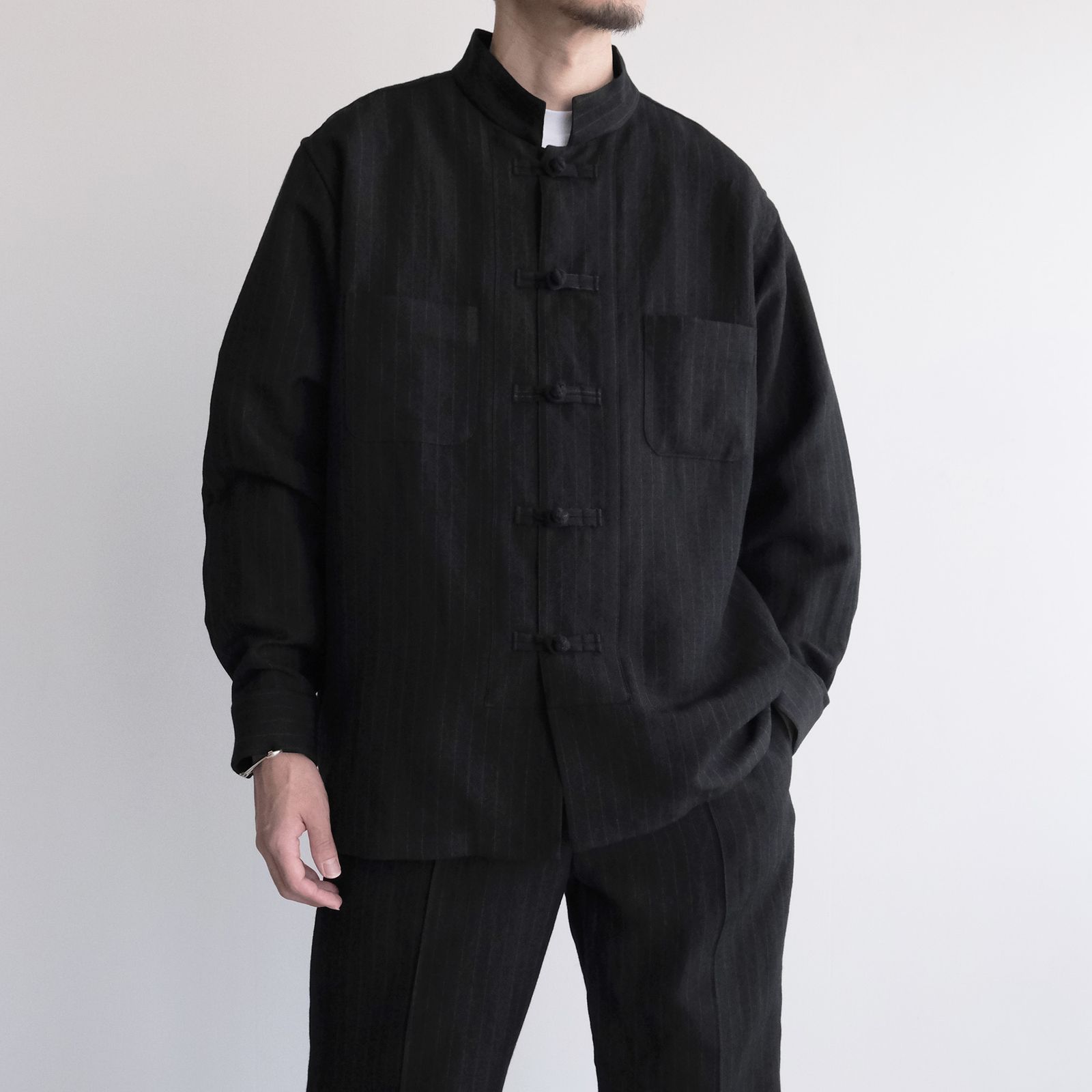 Pin-stripe Double Button Shirt -シャツ-（Black / ブラック）