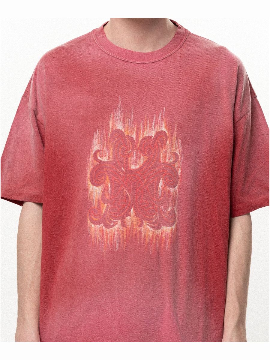 【26SS】"クレヨン フレーム" ディストレスド カミヤ Tシャツ / ”CRAYON FLAME" DISTRESSED TEE / レッド