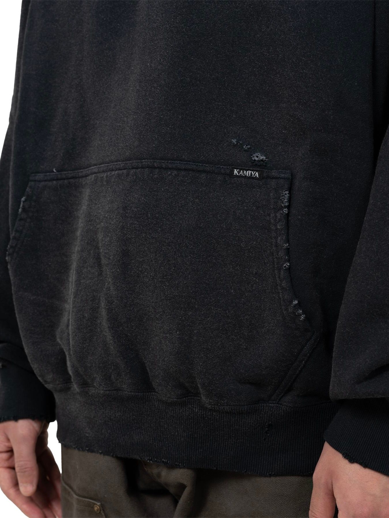 【25AW】ディストレスド ヘンリーネック パーカー / DISTRESSED HENRY NECK HOODIE / ブラック