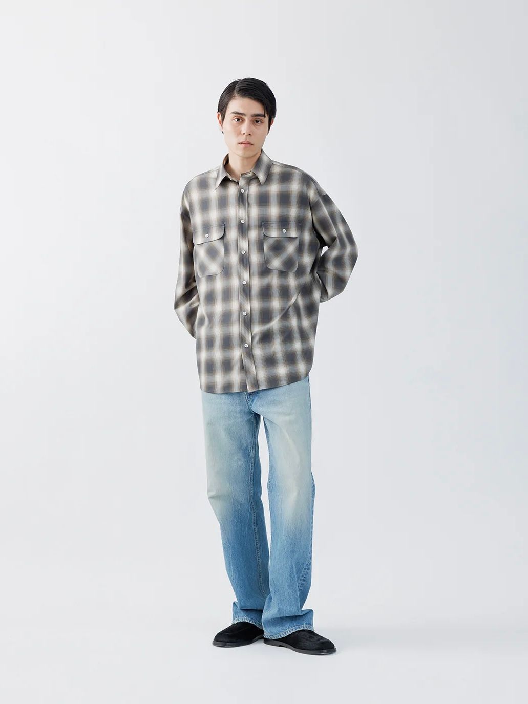 【26AW】ウォッシャブル ウール チェック シャツ / WASHABLE WOOL OMBRE CHECK SHIRTS .16 / MOLD GRAY(グレー)