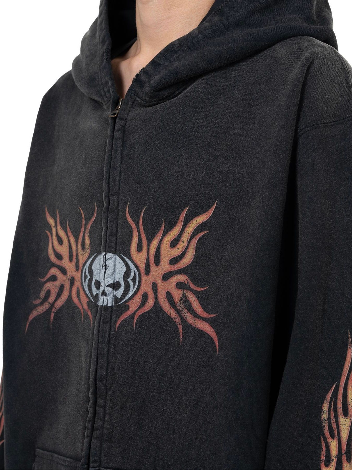 【25AW】スカル フレイム ディストレスド ジップ パーカー / "SKULL FLAME"DISTRESSED ZIP HOODIE / ブラック