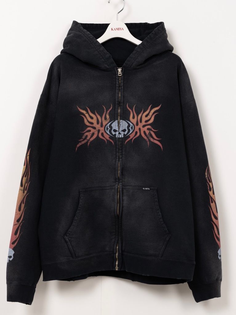 【25AW】スカル フレイム ディストレスド ジップ パーカー / "SKULL FLAME"DISTRESSED ZIP HOODIE / ブラック
